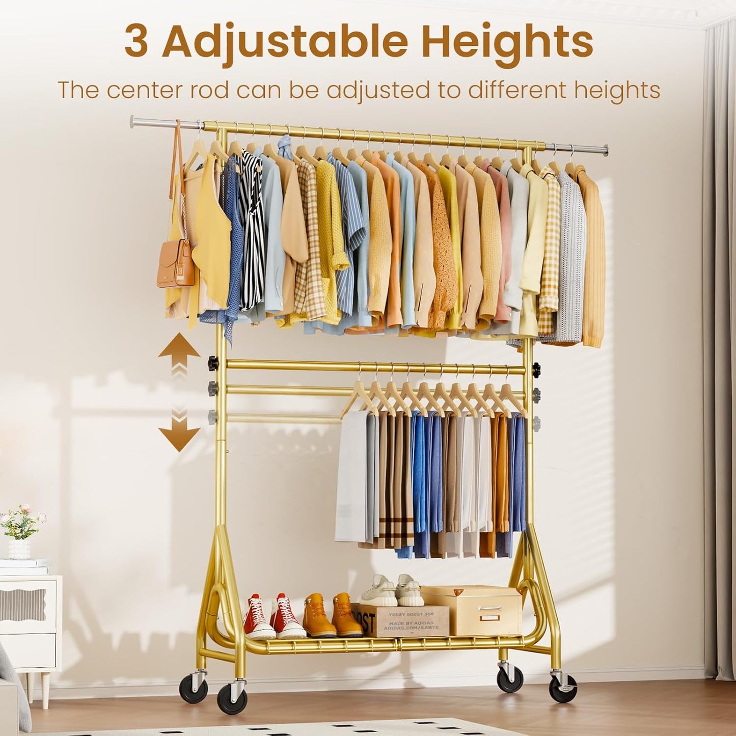 Double Rods Clothing Rack, Heavy Duty Clothes Rack for Hanging Clothes Load 560LBS, Metal Rolling Garment Racks with Wheels, Freestanding Clothes Hanging Racks, Gold - Lumora Desk