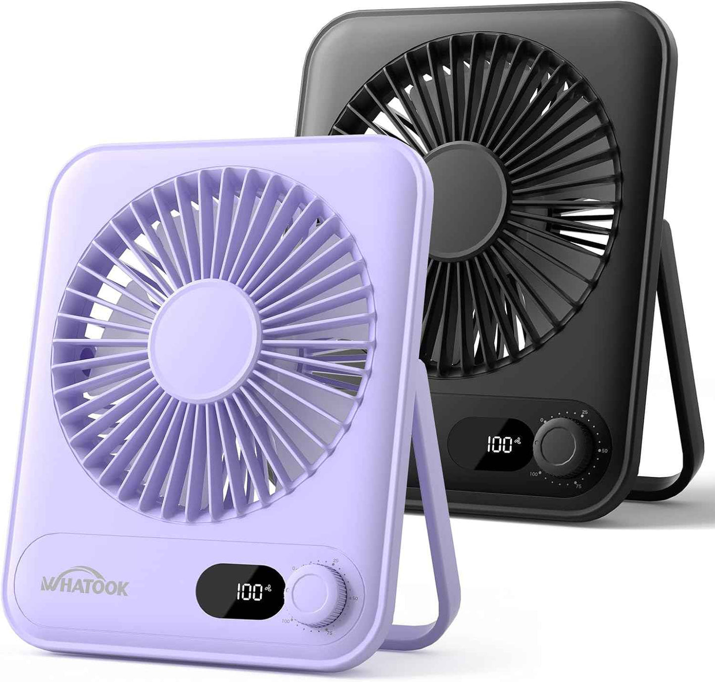 WHATOOK Desk Fan 2 Pack: 100 Speeds Stepless Control 2000mAh Battery Operated Portable Fan, Rechargeable Table Fan for Cruise Ship Essentials, Gift for Couples, Dorm, Office, Bedroom(Black and Purple)