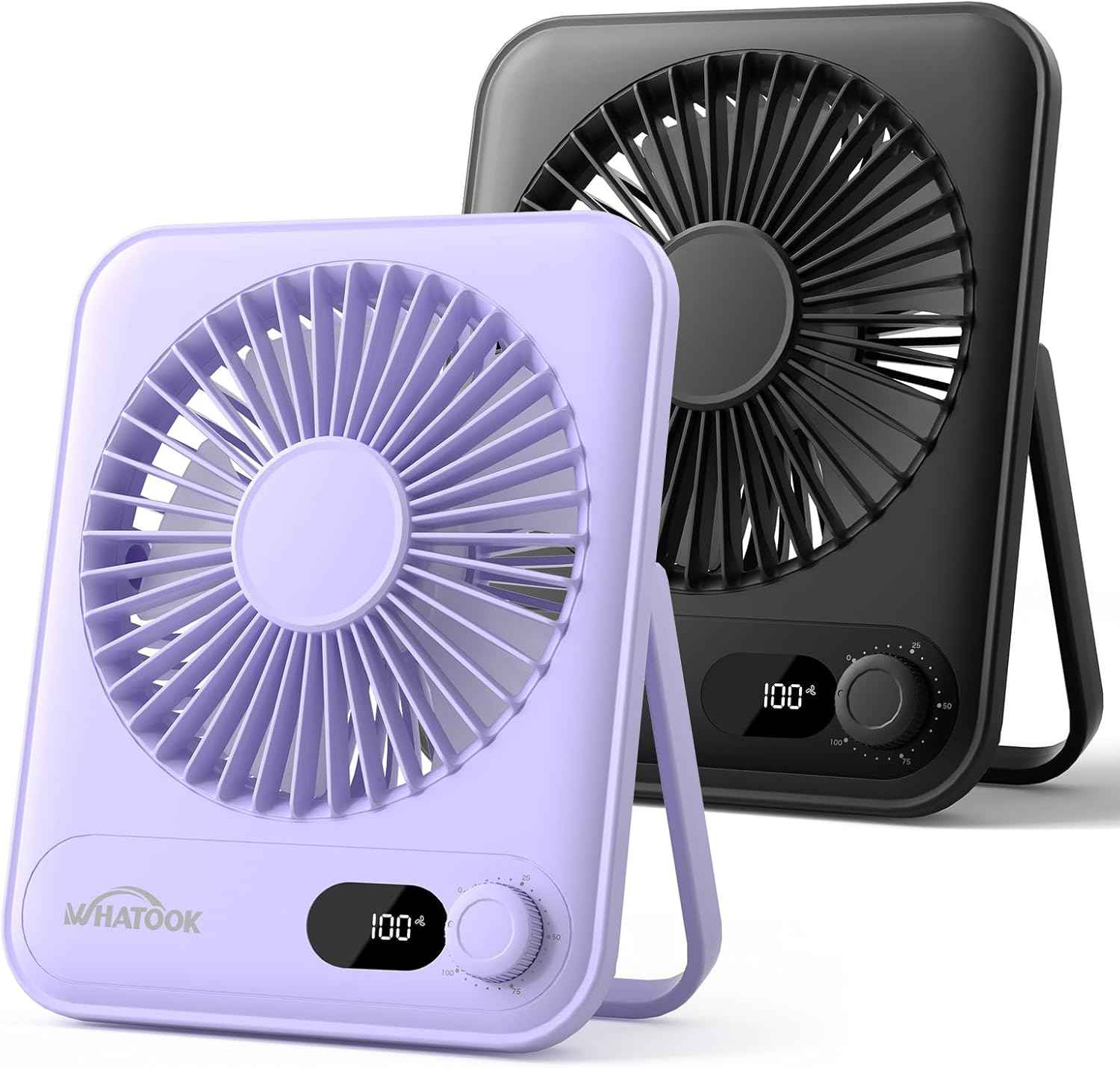 WHATOOK Desk Fan 2 Pack: 100 Speeds Stepless Control 2000mAh Battery Operated Portable Fan, Rechargeable Table Fan for Cruise Ship Essentials, Gift for Couples, Dorm, Office, Bedroom(Black and Purple)