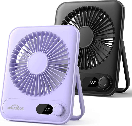 WHATOOK Desk Fan 2 Pack: 100 Speeds Stepless Control 2000mAh Battery Operated Portable Fan, Rechargeable Table Fan for Cruise Ship Essentials, Gift for Couples, Dorm, Office, Bedroom(Black and Purple)