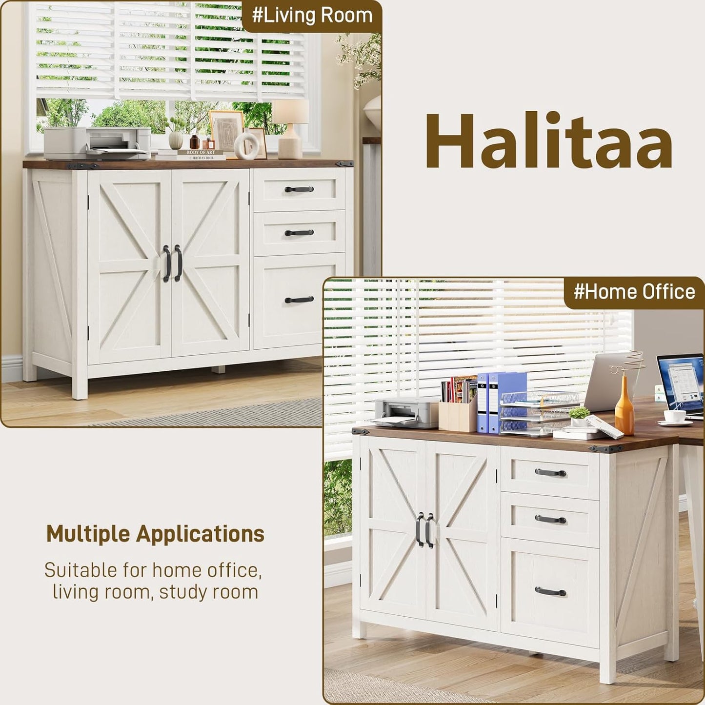 3 Drawer File Cabinet, Farmhouse Lateral Filing Cabinet with Doors for Letter/A4 Size Hanging Files, Large Wood Storage Cabinets Printer Stand with Adjustable Shelf for Home Office, White and Brown
