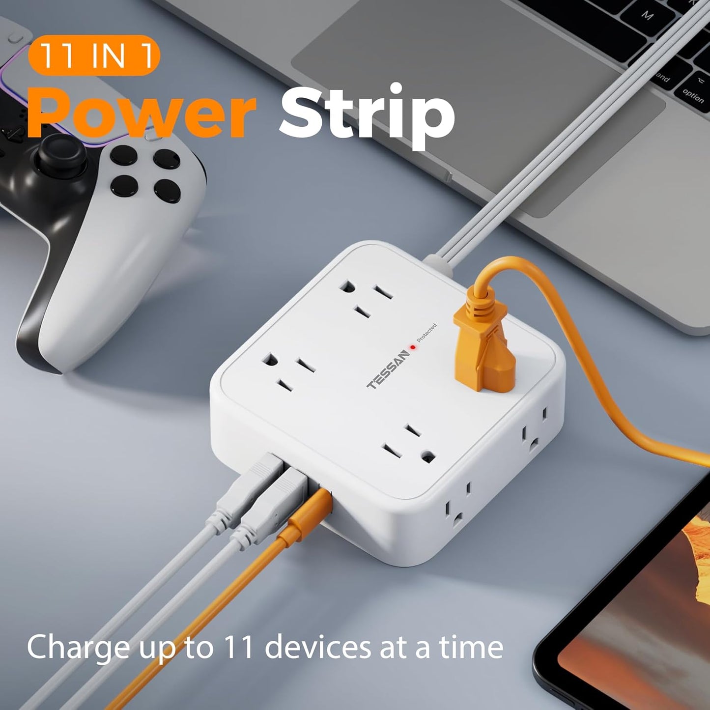Flat Extension Cord, TESSAN Surge Protector Power Strip 5 FT with 8 Outlets 3 USB (1 USB C) Ports, 3-Sided Outlet Extender with 900J Surge Protection for Office Supplies, Dorm Room Essentials, White
