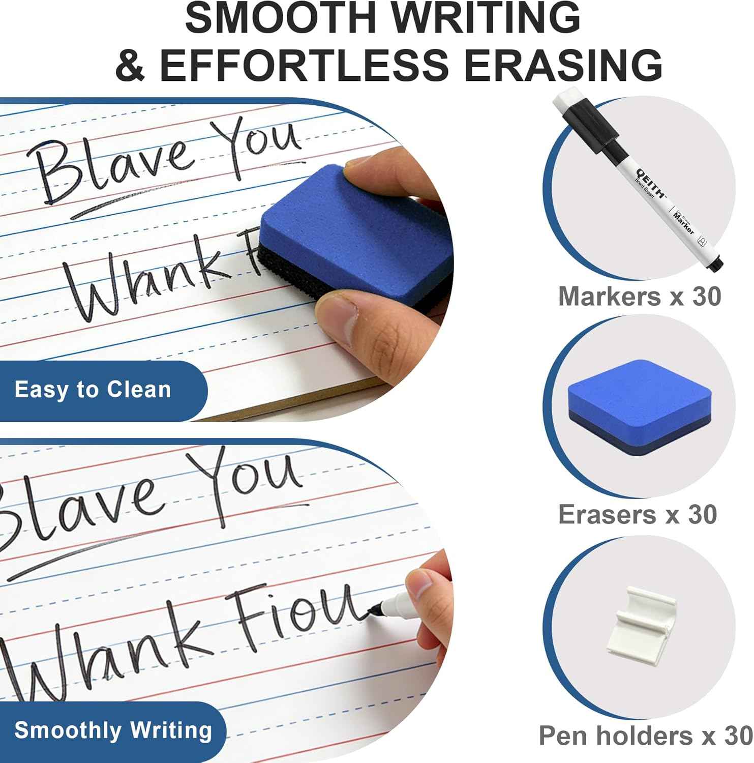 Dry Erase Boards, 30 Pack 9 x 12 Inch Mini Portable Practice White Boards with 30 Markers, 30 Erasers, Double Sided Personal Small Whiteboards with Lines for Kids, Students, Teachers Classroom School