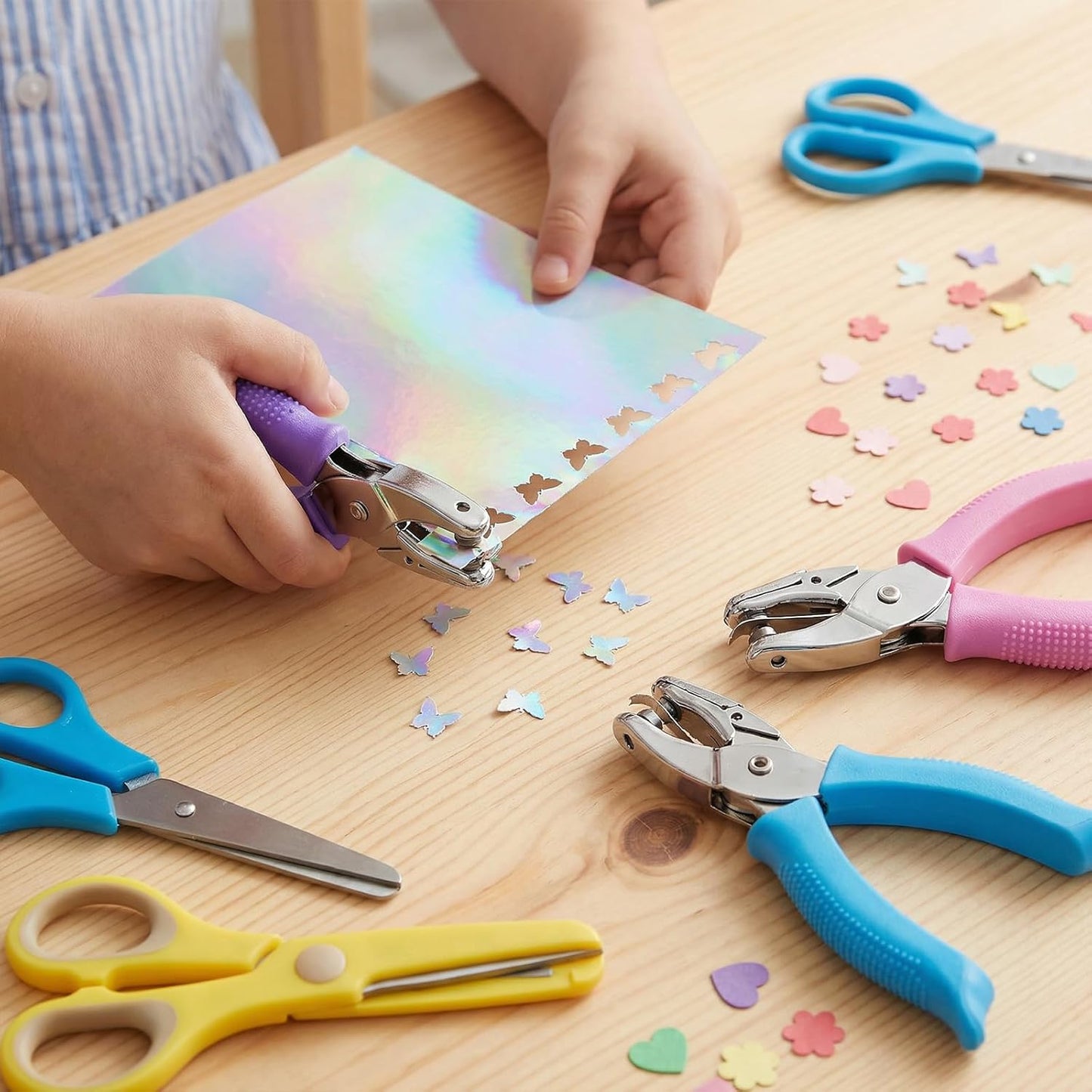 3 Pcs Single Hole Puncher, Handheld Shapes Hole Puncher for Crafts, 1/4" Metal Small Hole Punch with Soft Grip, Heart Butterfly Flower Holes for DIY Tags Ticket Scrapbook