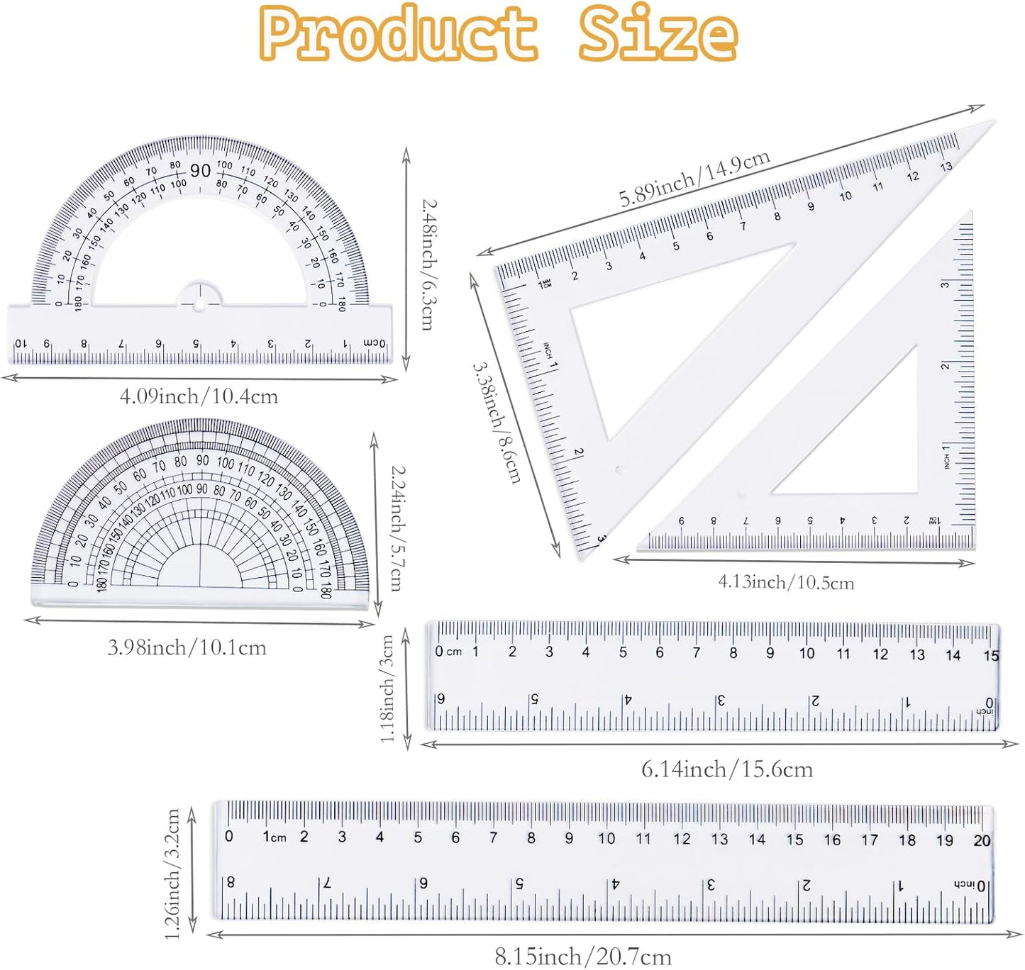 Geometry Set, 6-Piece Clear Plastic Math Ruler, Drafting Ruler Kit Includes Protractor, Triangle Ruler, Straight Ruler-Math Measurement Tools for Students, School and Office Supplies