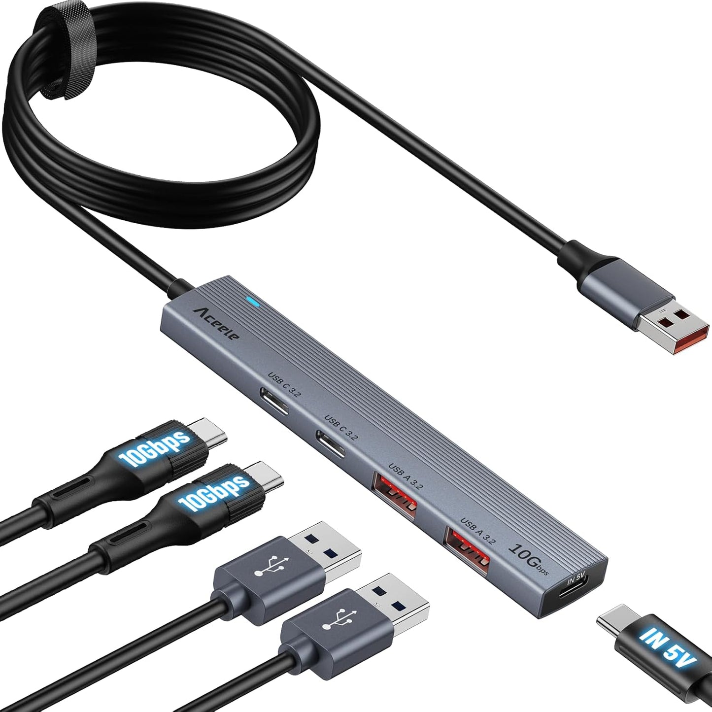Aceele USB 3.2 Gen 2 Hub with 2 USB-A & 2 USB-C Ports, 10Gbps USB Splitter with 4ft Long Cable, USB Data Extented with 5V3A Type-C Power Port, Compatible for Laptop, iMac Laptop and More