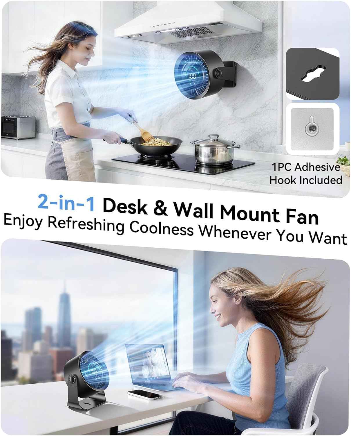 DIGIX Rechargeable USB Desk Fan for Bedroom, 100 Speeds, 360° Rotation, Wall Mounted Design Small Portable Table Fan with LED Display, Quiet Personal Desktop Cooling Fans for Home Office (Black)