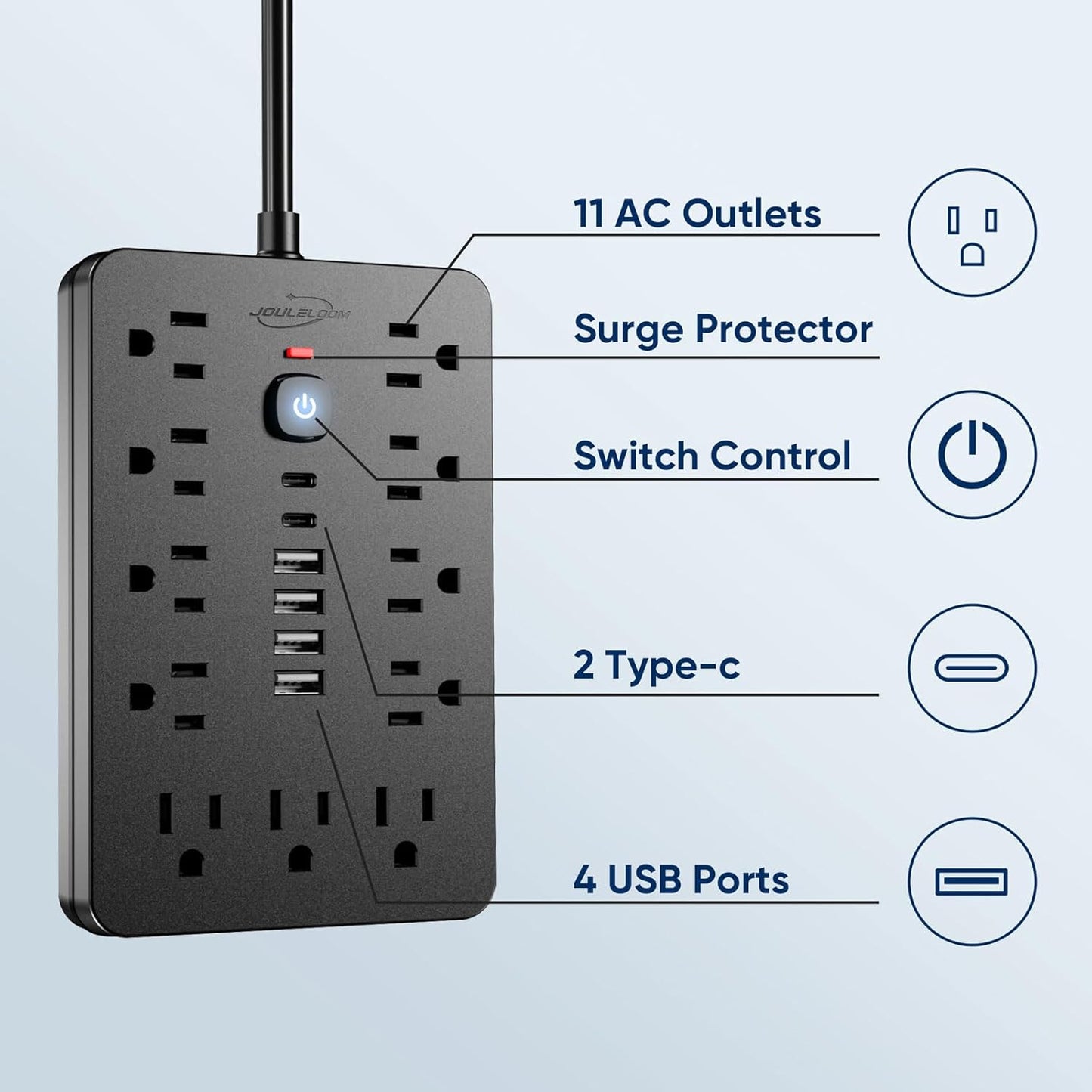 2PCS 5 FT Flat Plug Surge Protector Power Strip,11 Multiple AC Outlets with 6 USB Ports (2 USB C), 5 Feet Extension Cord, 1250W/10A, One Touch Switch Button, 17 in 1 Compact powerstrip