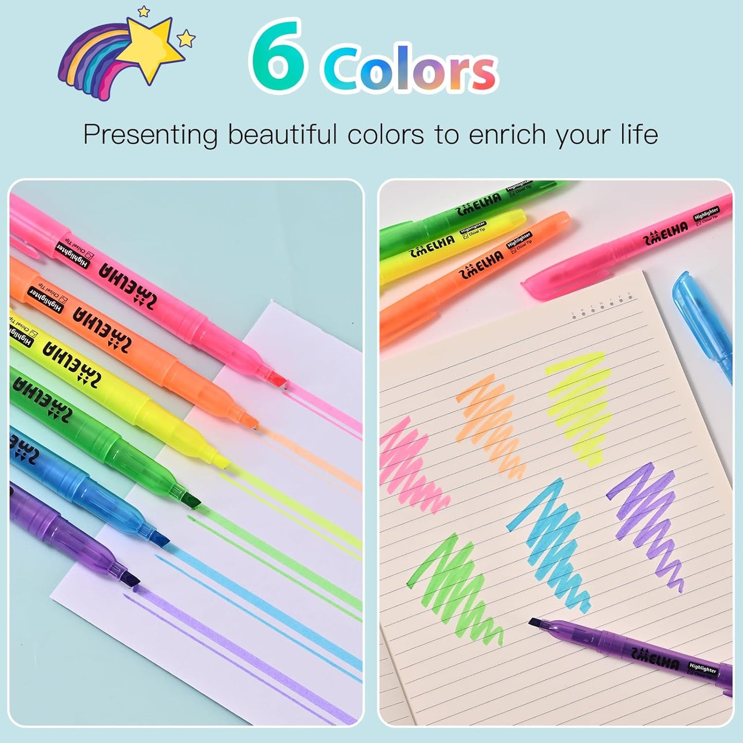 SMELHA Highlighters - 100 Pack Assorted Colors, 6 Colors Bulk, Chisel Tip, Quick Dry, Suitable for Offices, Schools, Home