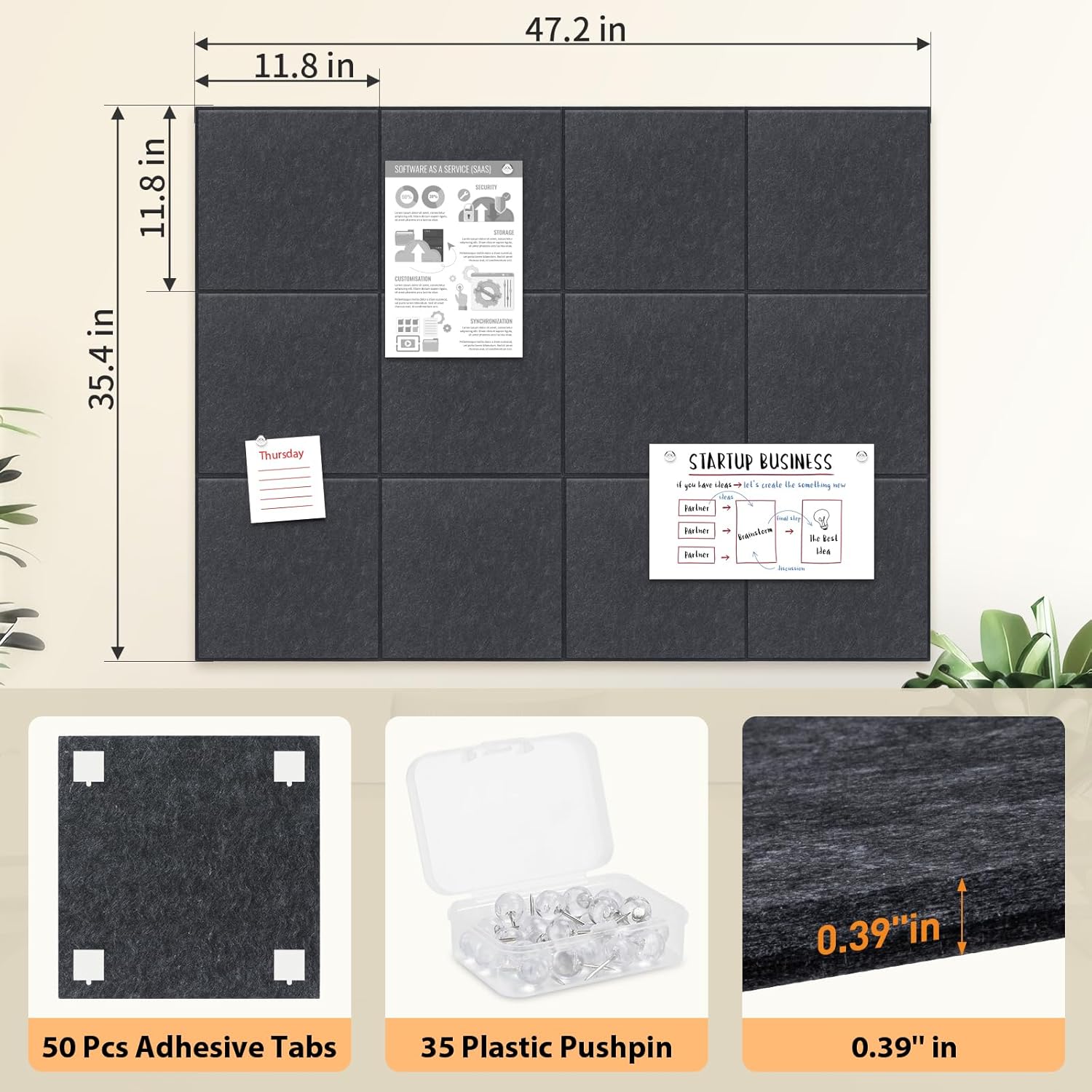 Smarpau Bulletin Board Large Cork Board for Walls 48"x36", 12 Pack Pin Board Felt Board with 35 Pushpins 50 Removable Security Stickers, Cork Boards for Office Home School Decor (Deel Grey) - Lumora Desk
