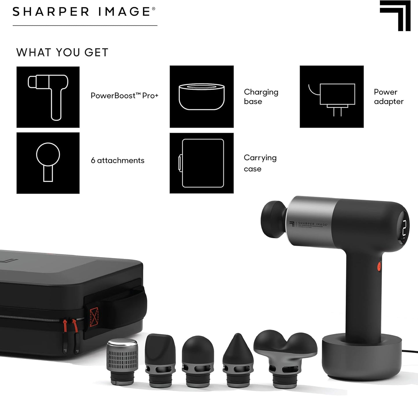 Sharper Image Deep Tissue Percussion Massage Gun, Powerboost Pro+ Hot & Cold Rechargeable Handheld Massager, 6 Adjustable Speeds, 6 Attachment Heads & Carrying Case, Muscle Pain Relief, Black