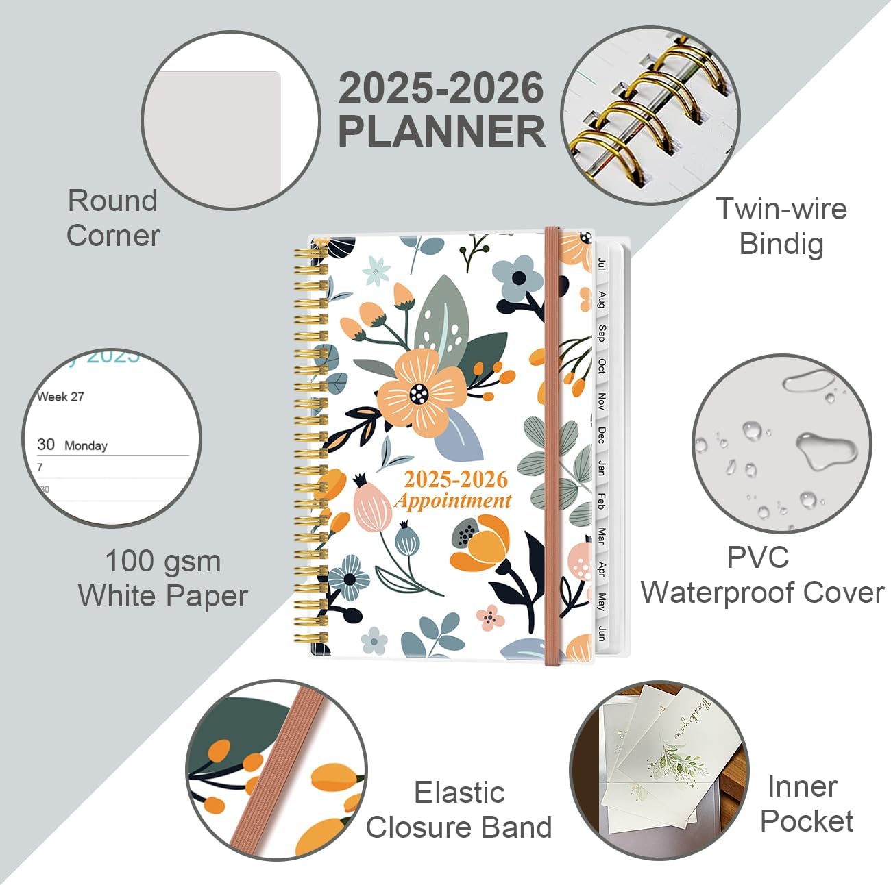 2025-2026 Appointment Book & Planner - A5 Daily Hourly Planner from July 2025 - June 2026, Weekly Appointment Book with 30-Minute Interval, Medium 6.4" x 8.5", Rose Flowers