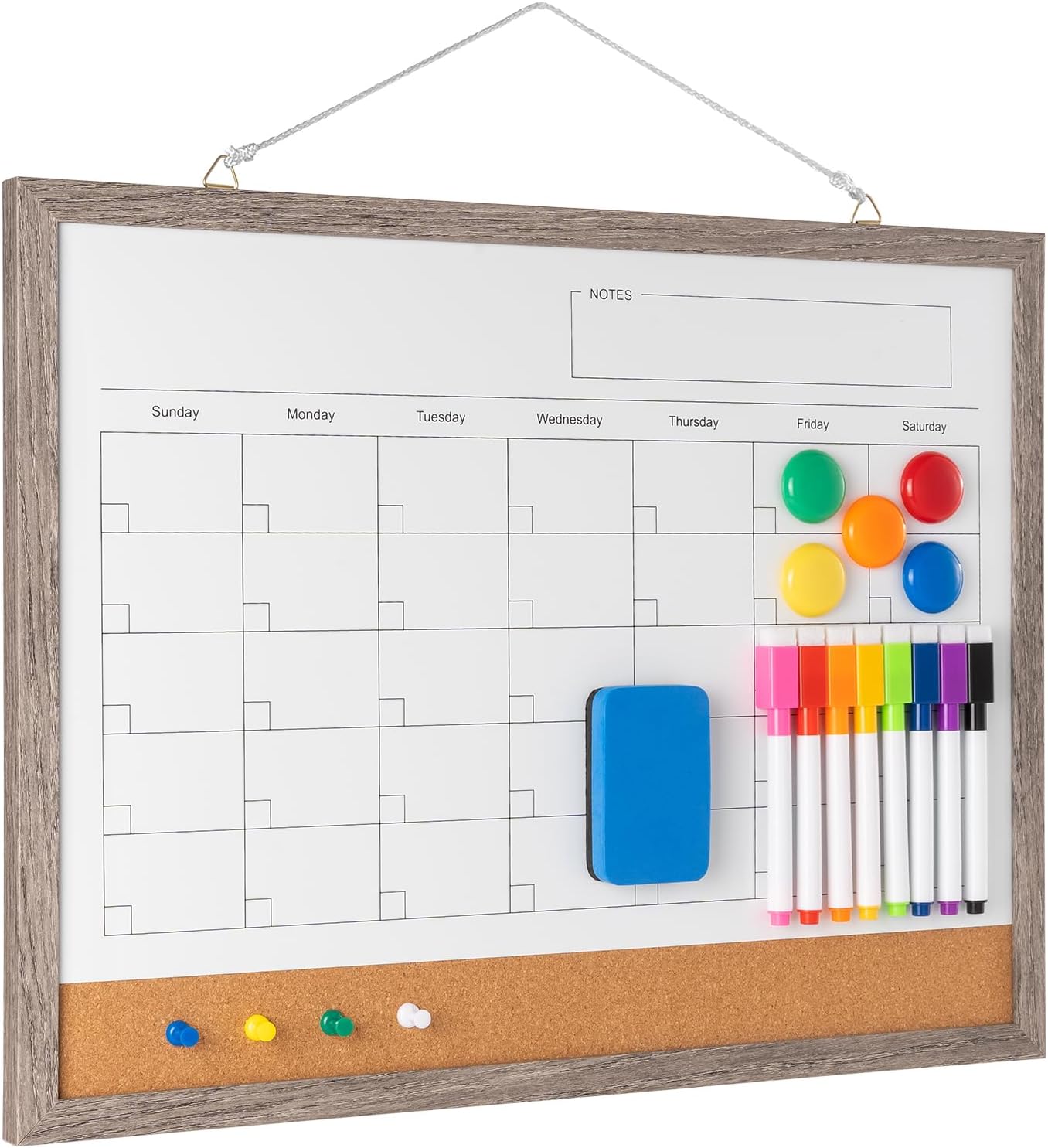 Dry Erase Calendar Whiteboard, 17" x 13" Magnetic Whiteboard Cork Board Combo, Reusable Monthly Planner with 8 Markers, Eraser, Magnets and Push Pins to Hang Dry Erase Board for Home, School - Gray - Lumora Desk