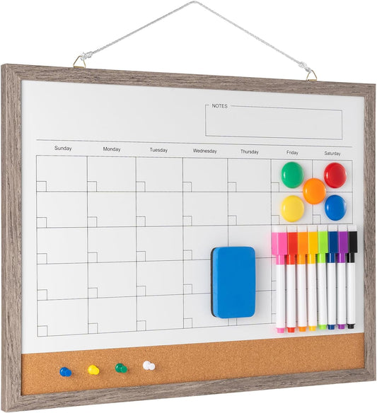 Dry Erase Calendar Whiteboard, 17" x 13" Magnetic Whiteboard Cork Board Combo, Reusable Monthly Planner with 8 Markers, Eraser, Magnets and Push Pins to Hang Dry Erase Board for Home, School - Gray - Lumora Desk