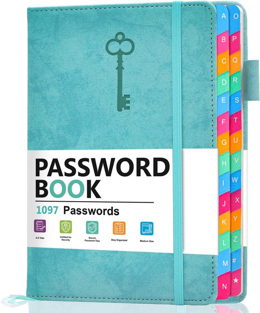Password Keeper Book with Colorful Alphabetical Tabs, Hardcover Password Log-book for Internet Password and Website Address, 5.8"×8.4" Password Notebook for Home Office (Turquoise, Medium (5.8 x 8.4 Inch))
