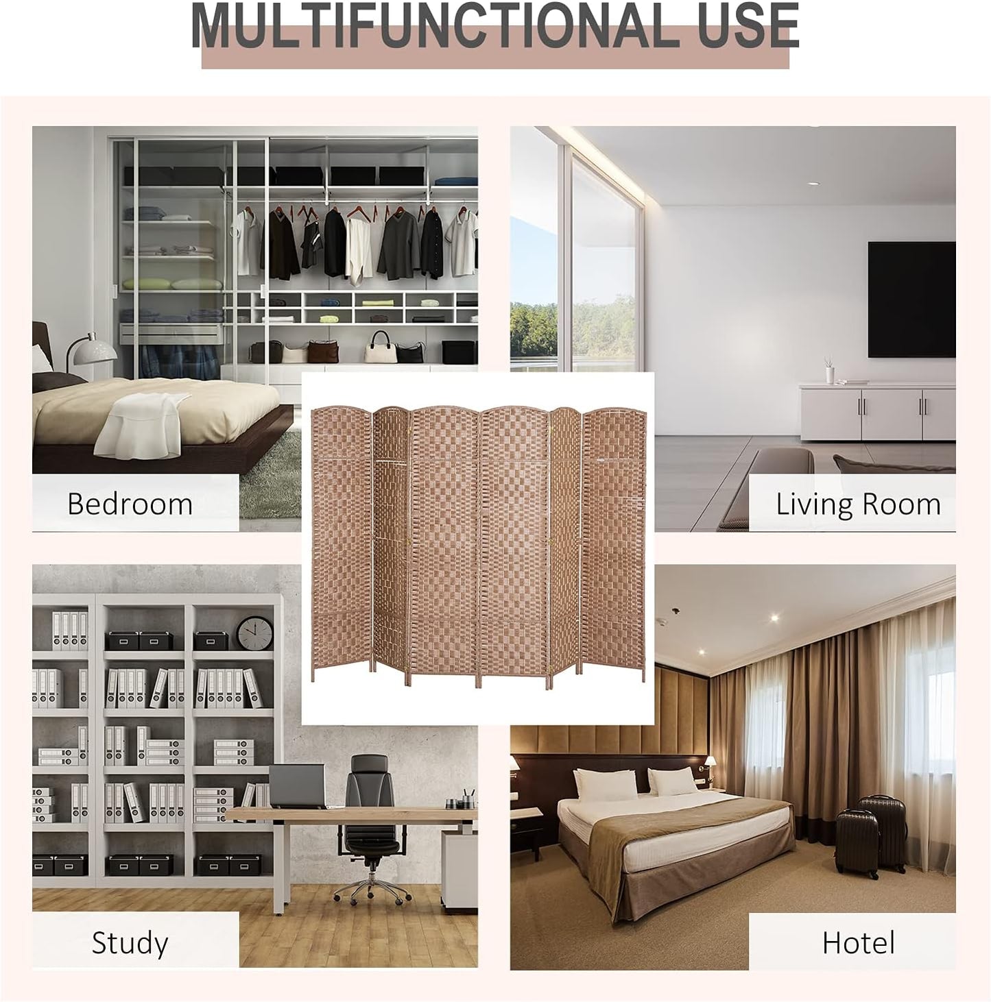 HOMCOM Room Divider, 6 Panel Folding Privacy Screen, 6FT Tall Portable Wicker Weave Partition Wall Divider for Bedroom, Home Office, Natural - Lumora Desk