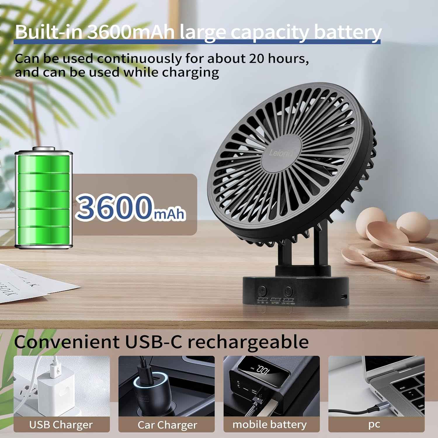 Small Fan Rechargeable,3 Speed Timable Cruise Fan with 90° Head Rotation,Portable Fans for Indoor,Outdoor,Travel,Office,Energy Efficient Ultra Usage Time Quiet Fans
