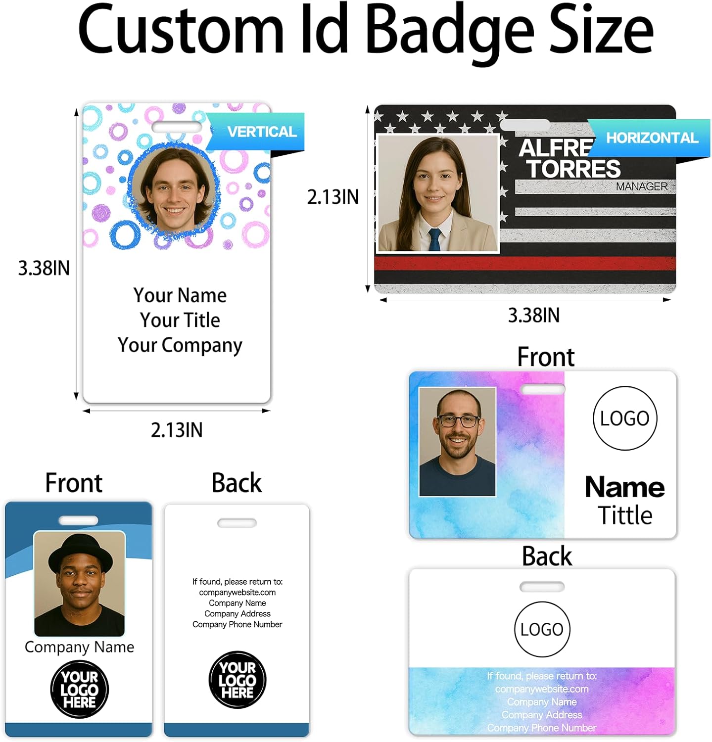 Custom ID Badge Personalized Employee ID Card Identification Badges Print Name Photo Logo Double Work Badges Barcode Tag Volunteer Office ID Vertical