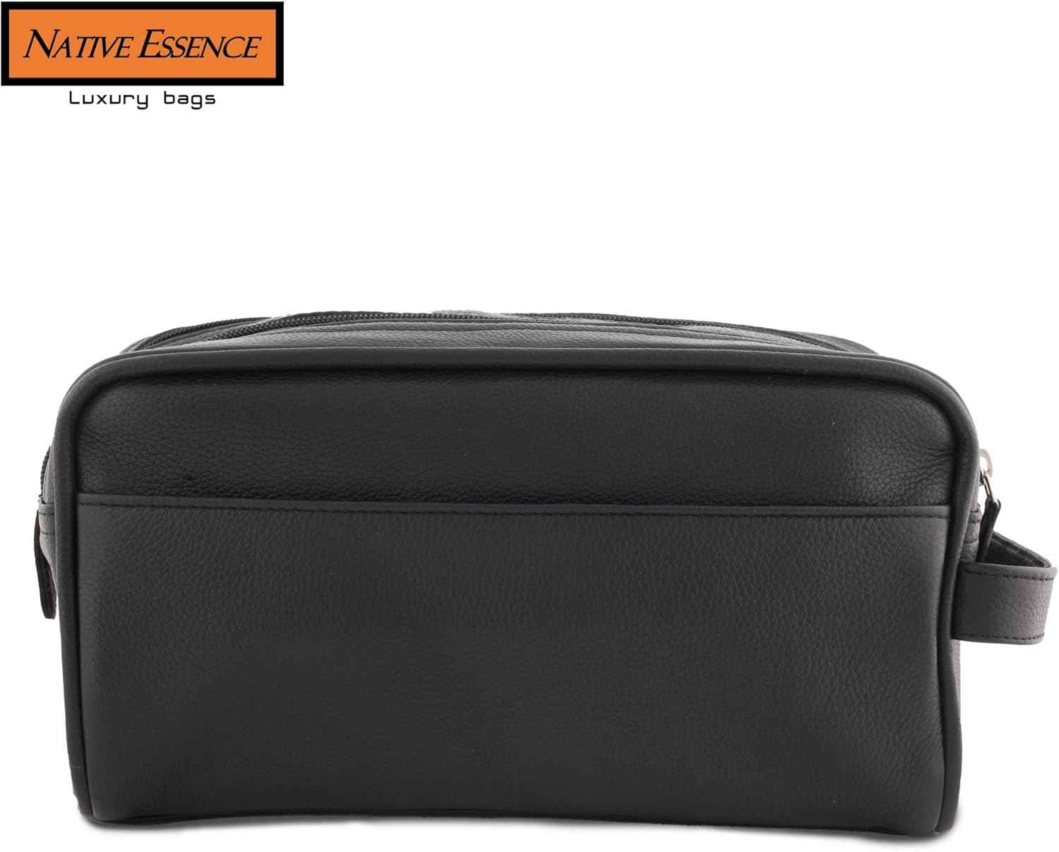 NATIVE ESSENCE Leather Toiletry Bag, Black Genuine Calf Leather Travel Bag, Handmade Cosmetic Pouch, Luxury Shaving Bag, Bathroom Organizer, Stylish Grooming Kit for Men and Women Gift Packed