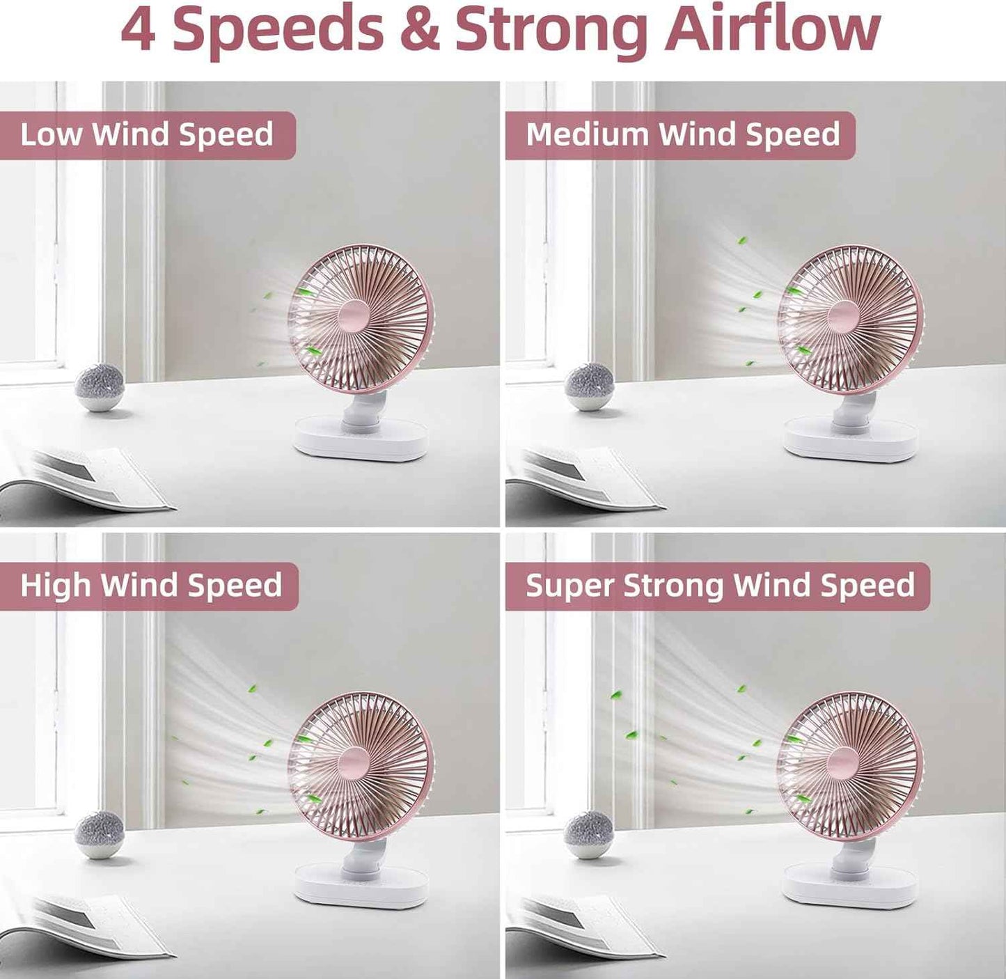 Small Oscillating Fan for Bedroom, 4000mAh Battery Powered Rechargeable Fan, 90° Vertical Manual and 120° Oscillating Desk Fan, 4 Speeds Air Circulator Fans, Quiet Table Fans for Home Office Travel