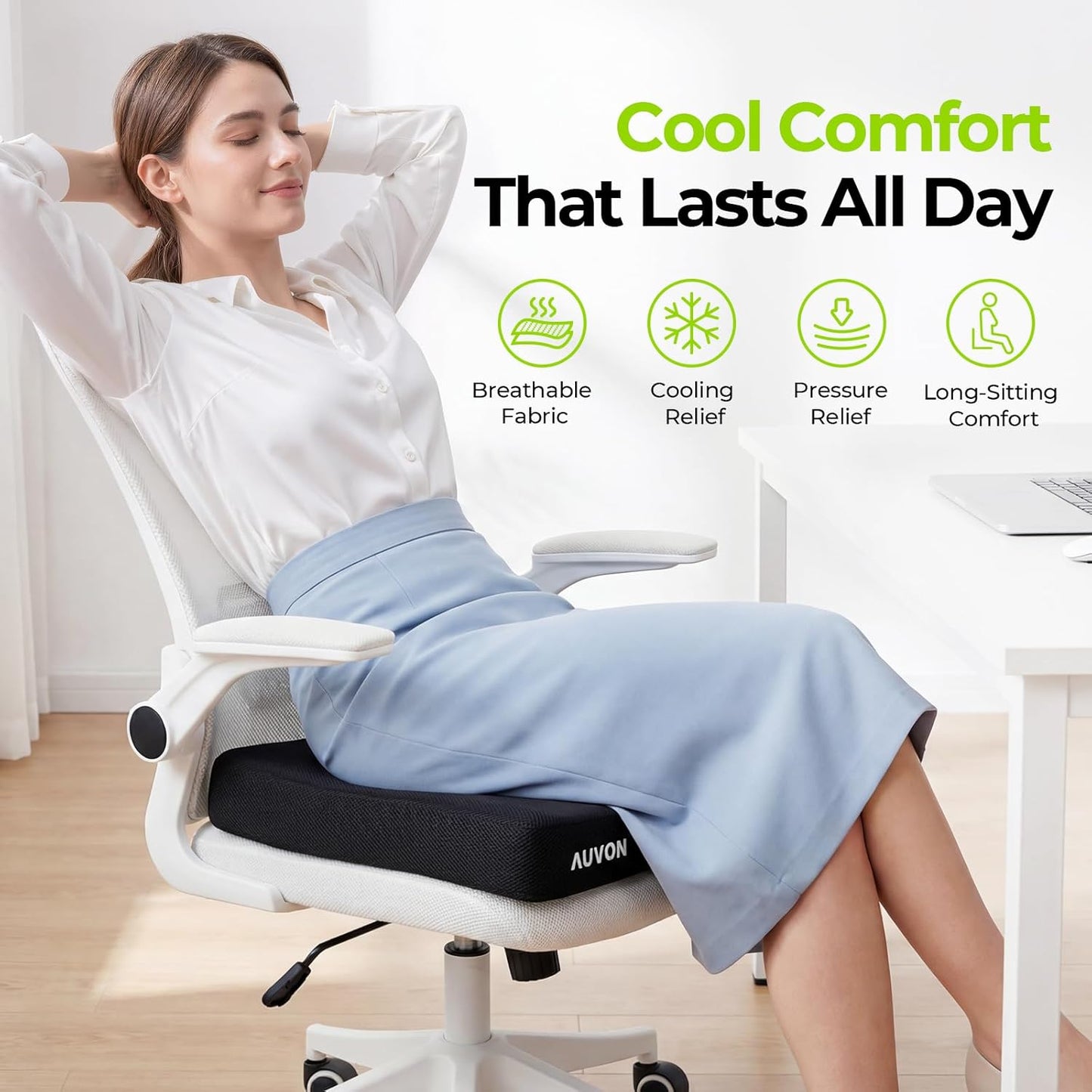 AUVON Cooling Gel Seat Cushion for Long Sitting, Memory Foam Chair Cushions for Back & Sciatica Relief, Anti-Slip Office Chair Cushion with Strap & Breathable Cover for Car Seat, Wheelchair, Home Use