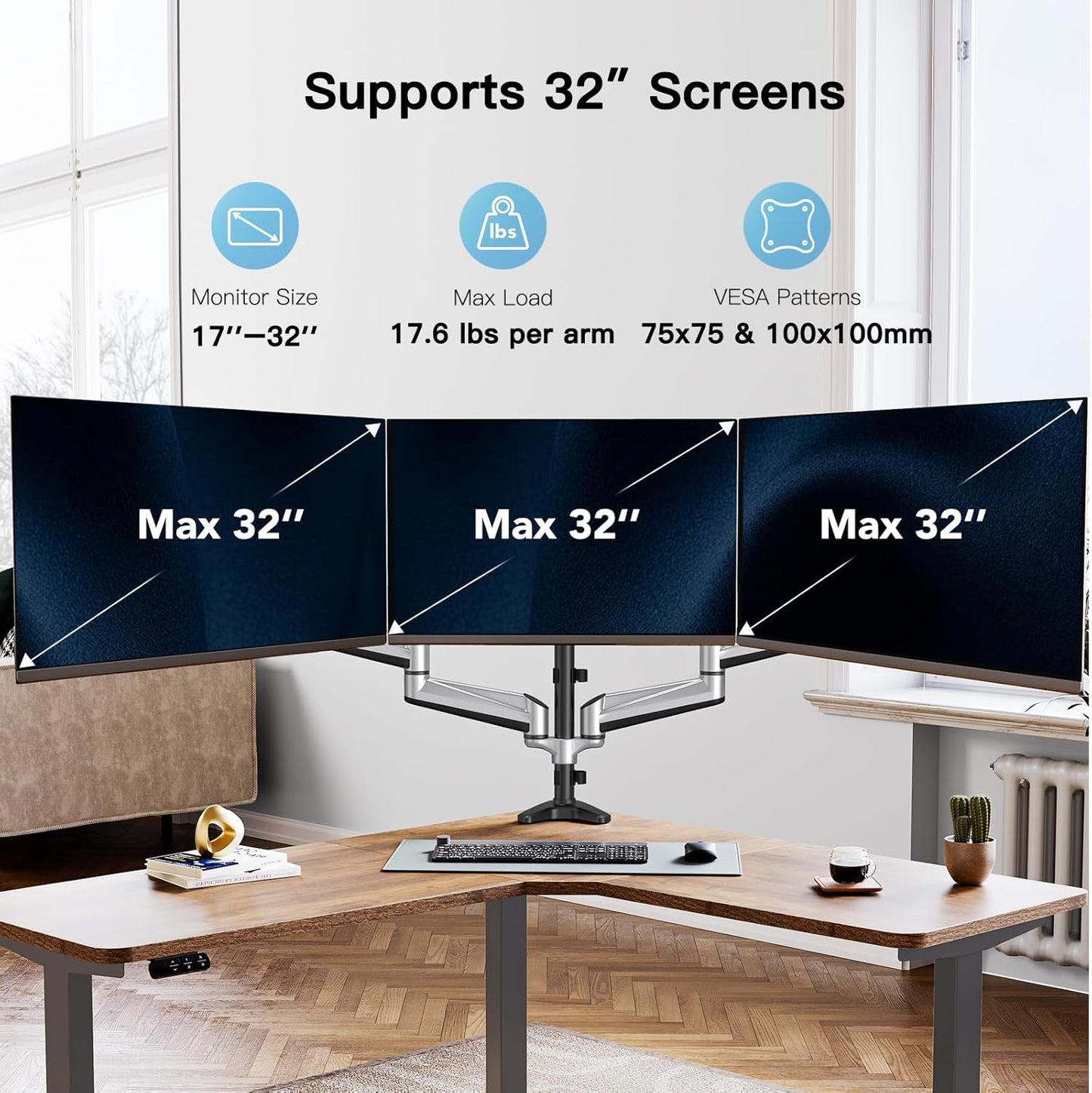 HUANUO Triple Monitor Stand - Full Motion Articulating Gas Spring Monitor Mount Fit Three 17 to 32 inch Flat/Curved LCD Computer Screens with Clamp, Grommet Kit, Silver