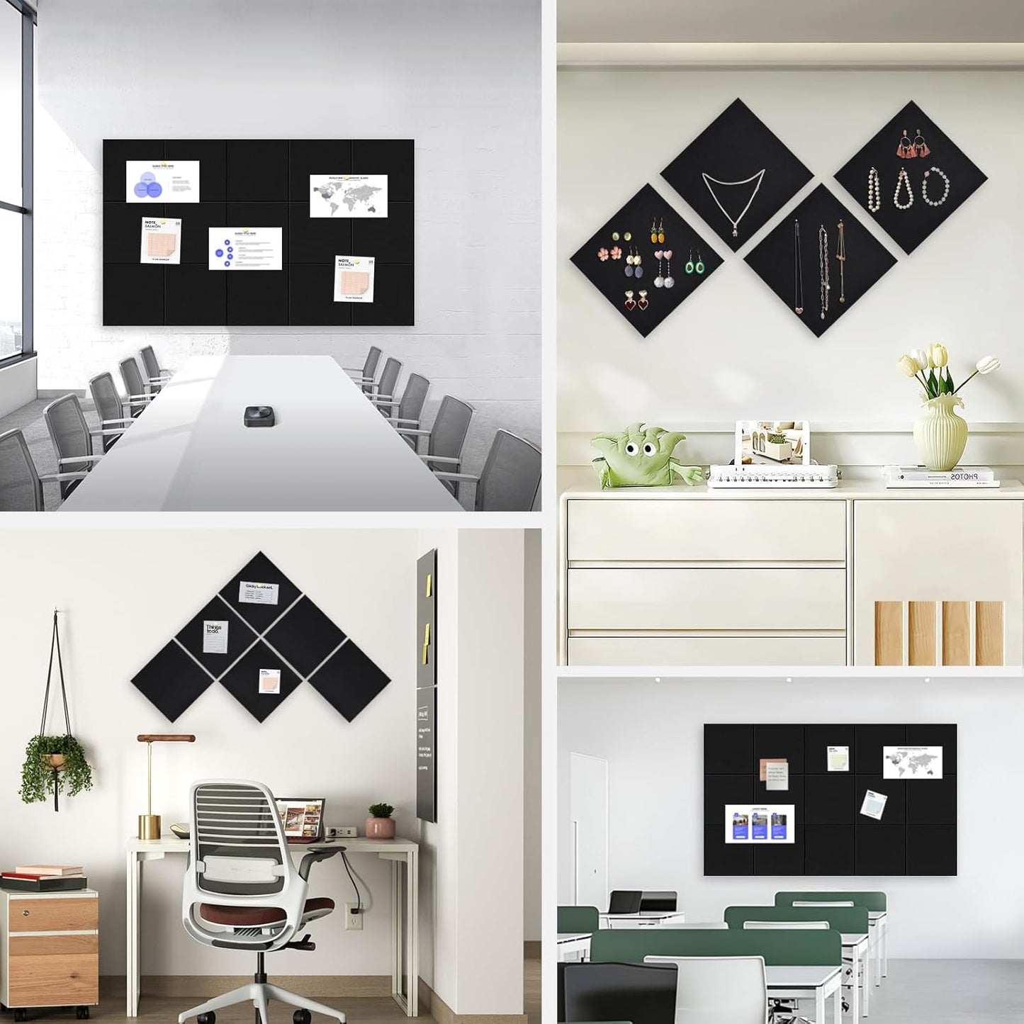 Large Cork Board for Office Wall Decor,48"x36"-12 Pack Felt Wall Tiles with Safe Removable Adhesive Tabs, 1/2" Thick, Felt Bulletin Board Pin Board Cork Boards for Walls - Black