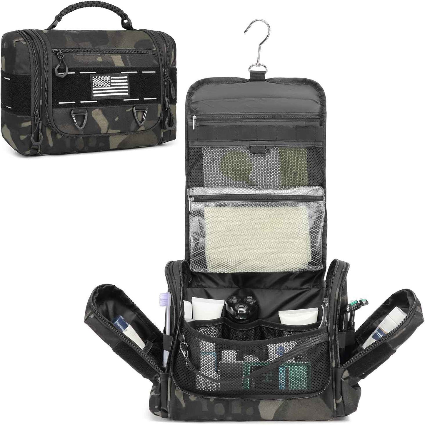 Tactical Toiletry Bag for Men - Hanging Dropp Kit Mens Toiletry Travel Bag for Toiletries, Traveling & Shaving Kit, Hygiene Bag Shower Bathroom Organizer with Handle & Swivel Hook, Black CM