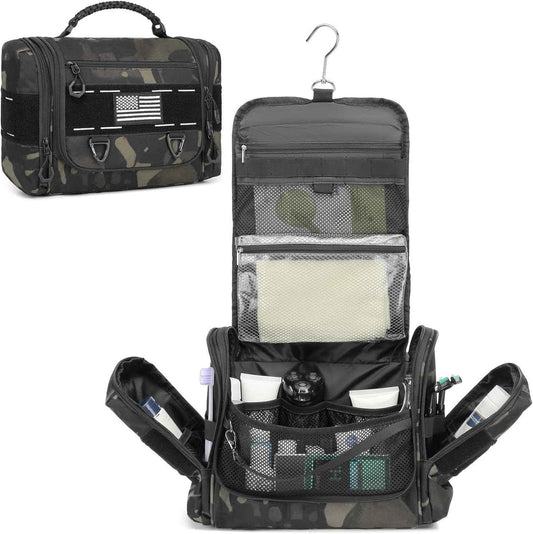Tactical Toiletry Bag for Men - Hanging Dropp Kit Mens Toiletry Travel Bag for Toiletries, Traveling & Shaving Kit, Hygiene Bag Shower Bathroom Organizer with Handle & Swivel Hook, Black CM