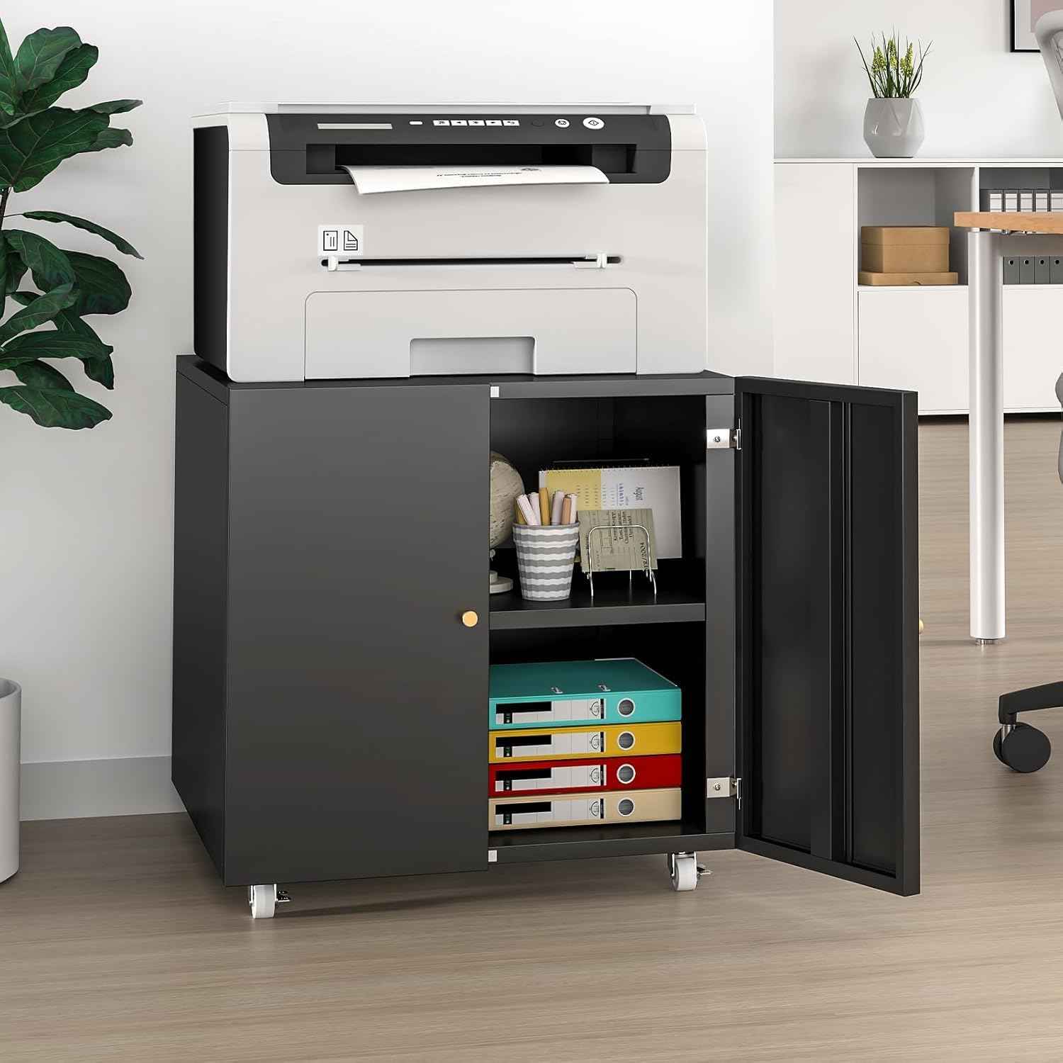 Printer Stand with Storage Cabinet with Wheels,3D Heavy Duty Metal Large Printer Table with Adjustable Shelf for Home Office, Mobile Printer Cart,Black,23.6" H