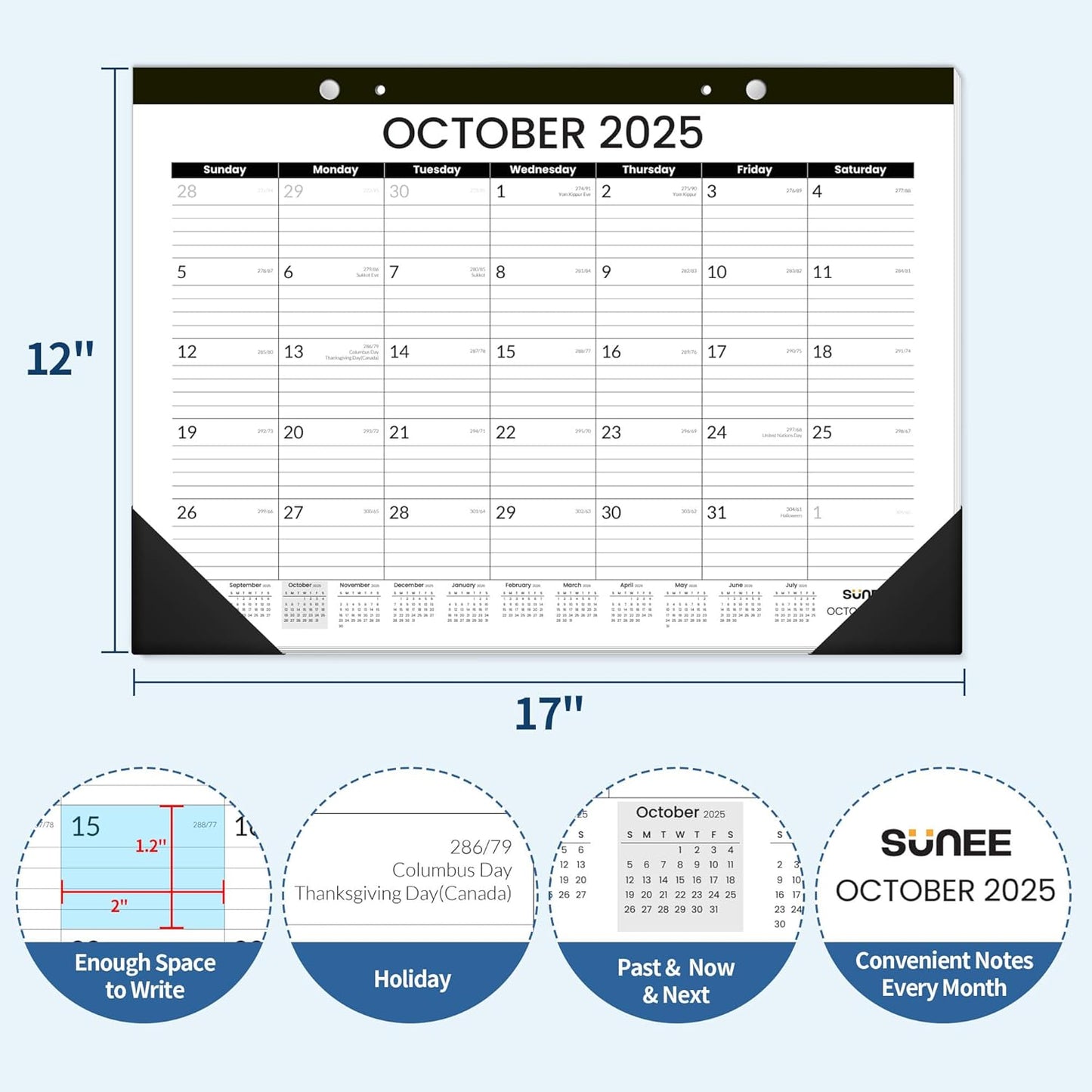 SUNEE Desk Calendar 2025-2026 17x12, 18 Months, JUL. 2025 - DEC. 2026, Academic Desk Blotter Calendar 2025-2026, School Year Large Calendar for Teacher, Black