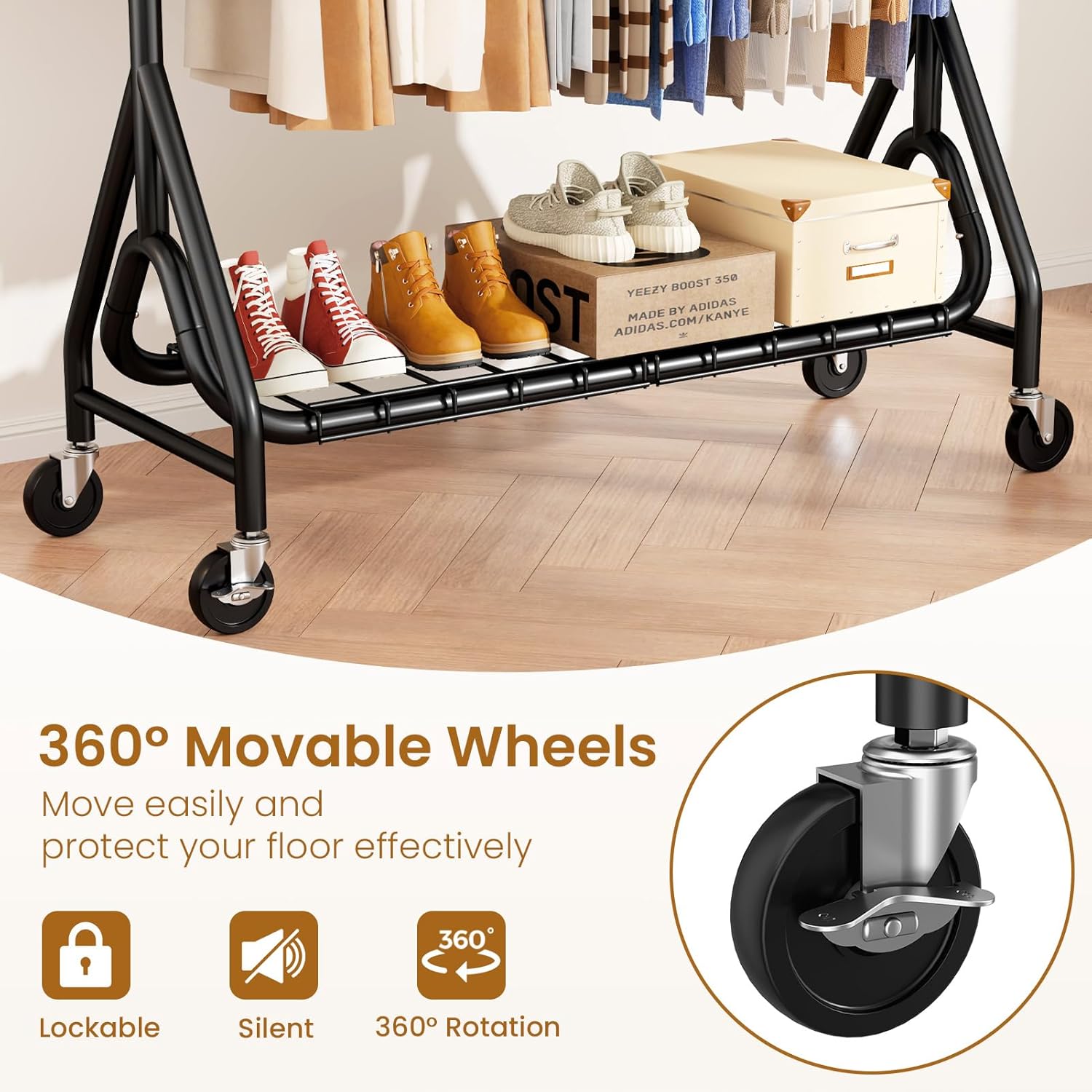 Double Rods Clothing Rack, Heavy Duty Clothes Rack for Hanging Clothes Load 560LBS, Metal Rolling Garment Racks with Wheels, Freestanding Clothes Hanging Racks, Black - Lumora Desk