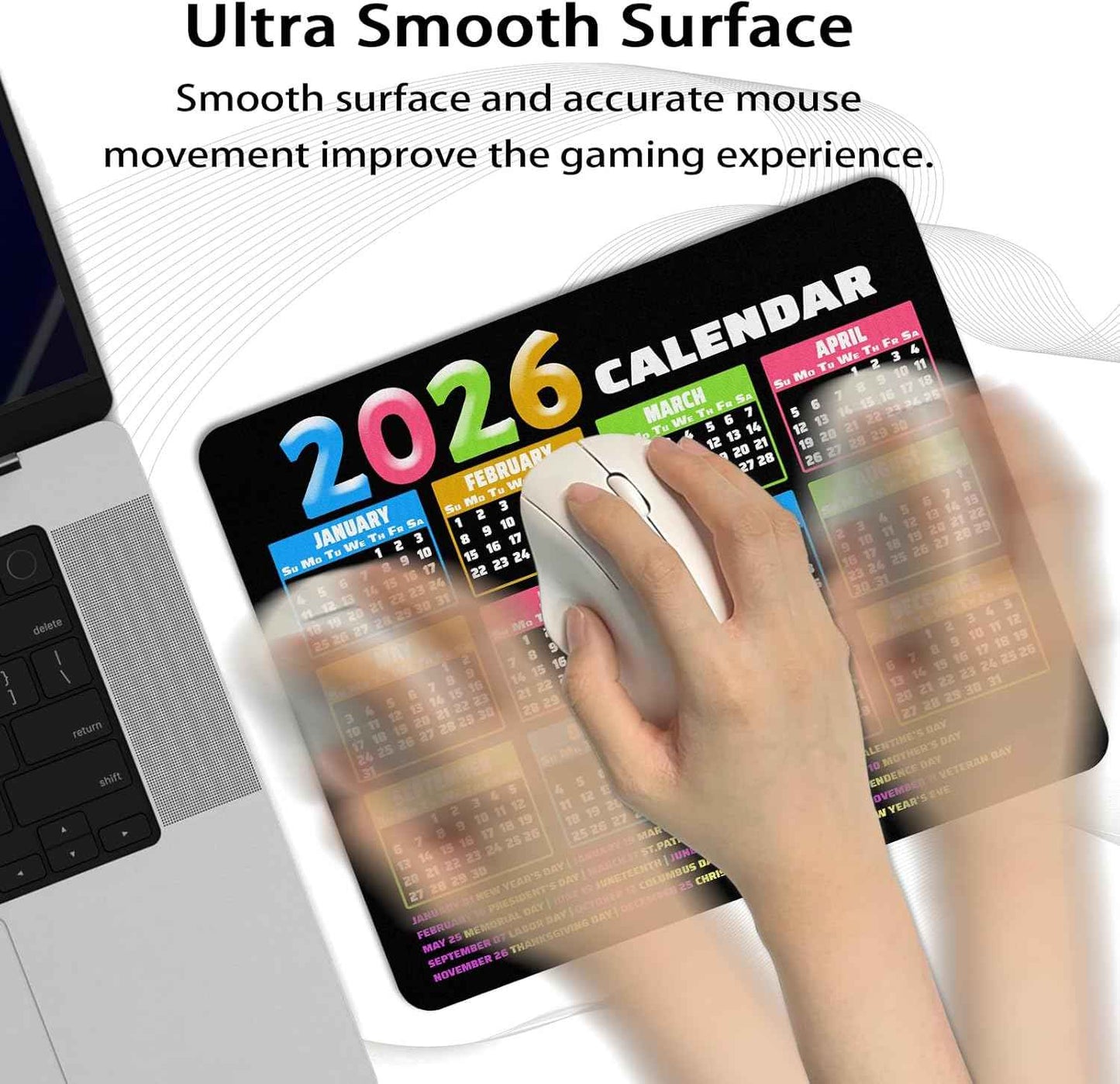 2026 Calendar Mouse Pad, 9.5 x 7.9 Inch, Non-Slip Rubber Base, Computer Laptop Office Desk Accessory, Black Background with Colorful Months, 3 Pack
