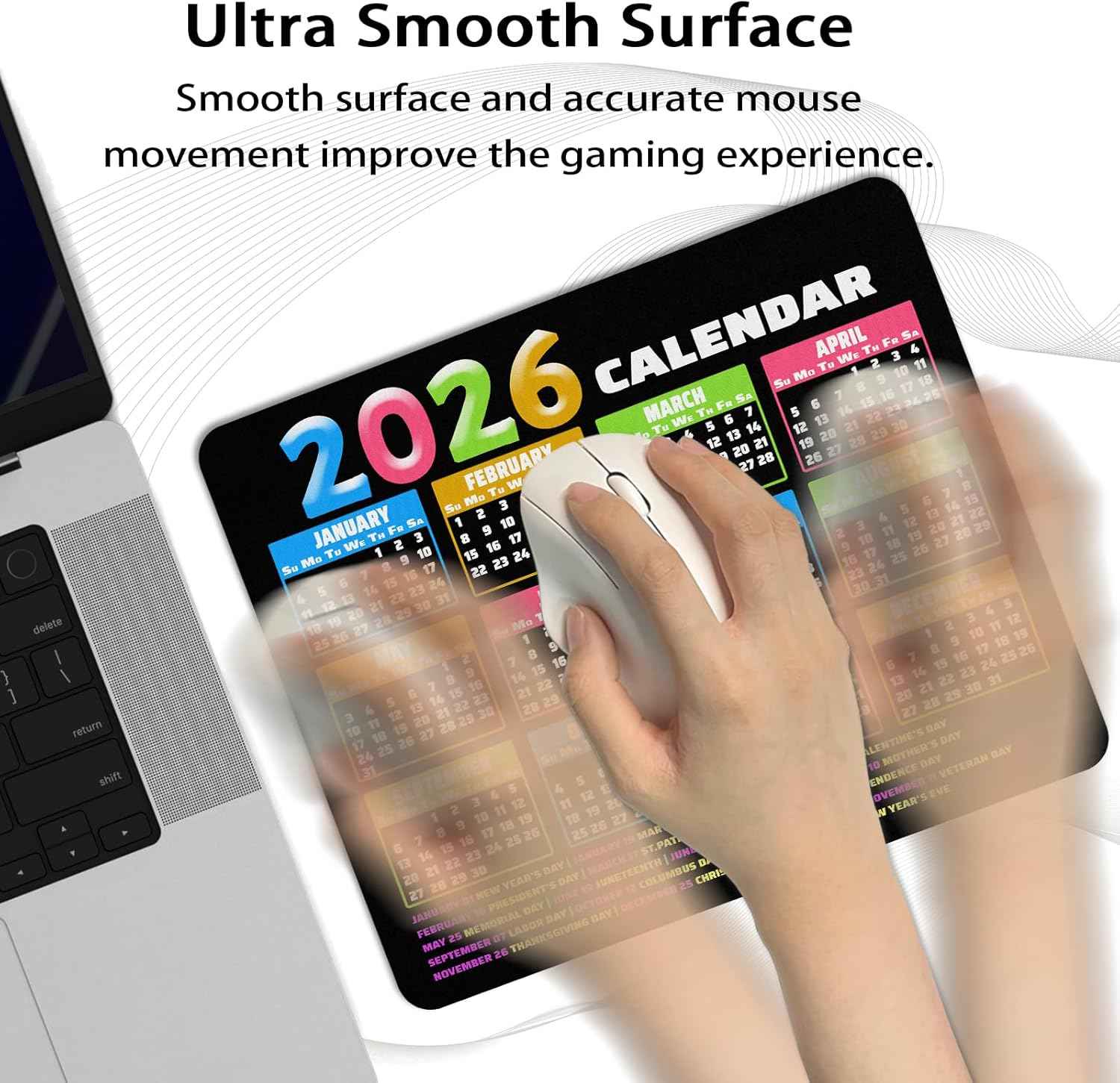 2026 Calendar Mouse Pad, 9.5 x 7.9 Inch, Non-Slip Rubber Base, Computer Laptop Office Desk Accessory, Black Background with Colorful Months, 3 Pack