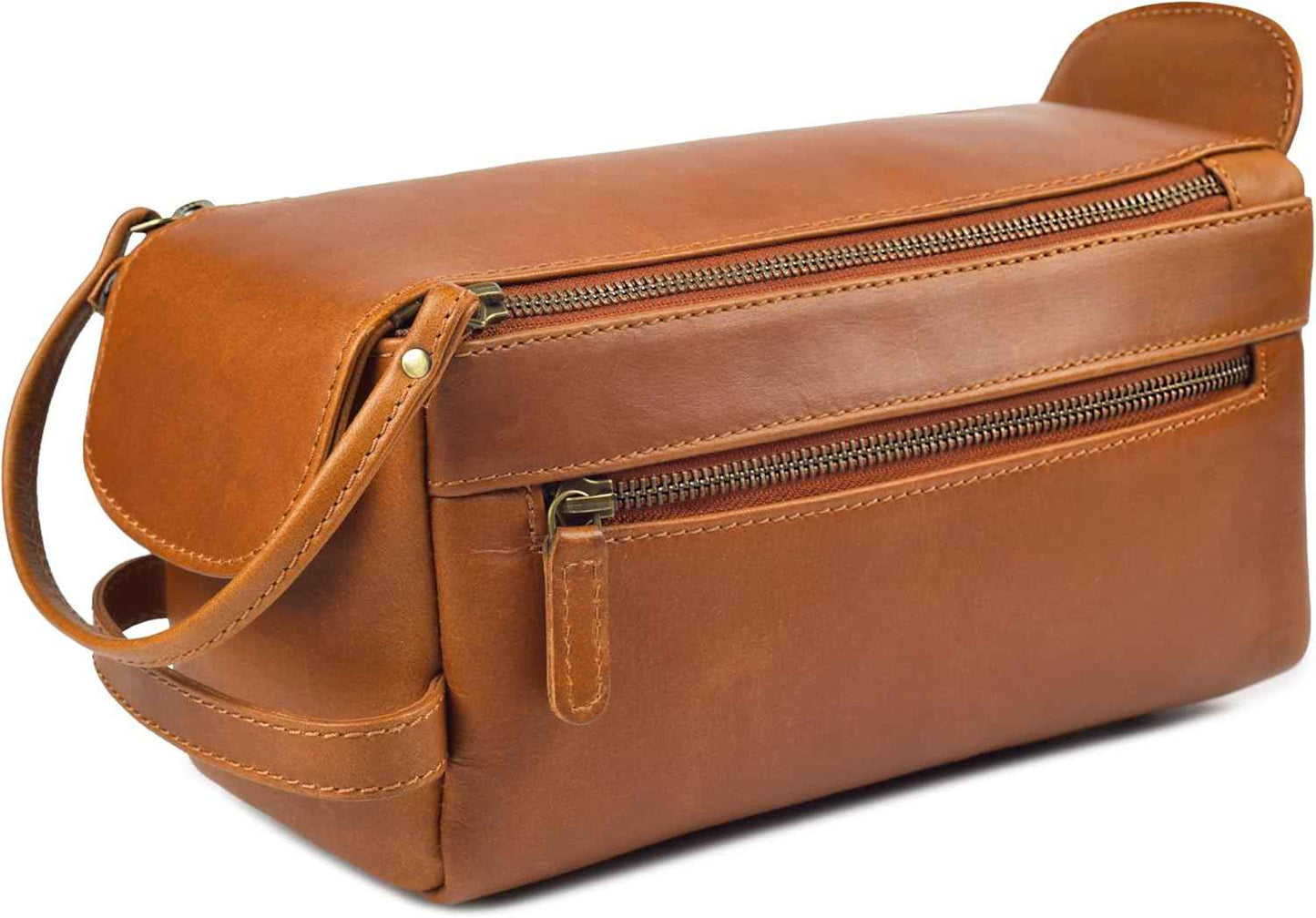 Full Grain Leather Toiletry Kit for Men & Women – Travel Toiletries & Shaving Bag Organizer, Water-Resistant Grooming Case for Bathroom, Makeup & Cosmetic Storage - Cognac Brown