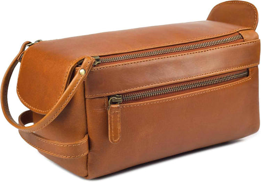 Full Grain Leather Toiletry Kit for Men & Women – Travel Toiletries & Shaving Bag Organizer, Water-Resistant Grooming Case for Bathroom, Makeup & Cosmetic Storage - Cognac Brown