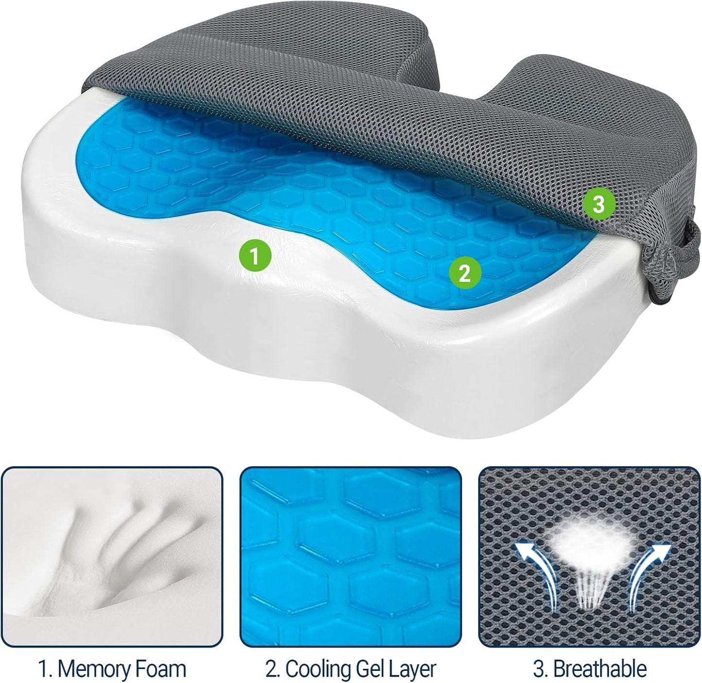 Gel Seat Cushion – Office Chair Cushion – Non-Slip Gel Memory Foam Coccyx Cushion for Tailbone Pain - Desk Chair Car Seat Cushion Driving - Sciatica Back Pain Relief, Mesh, Grey