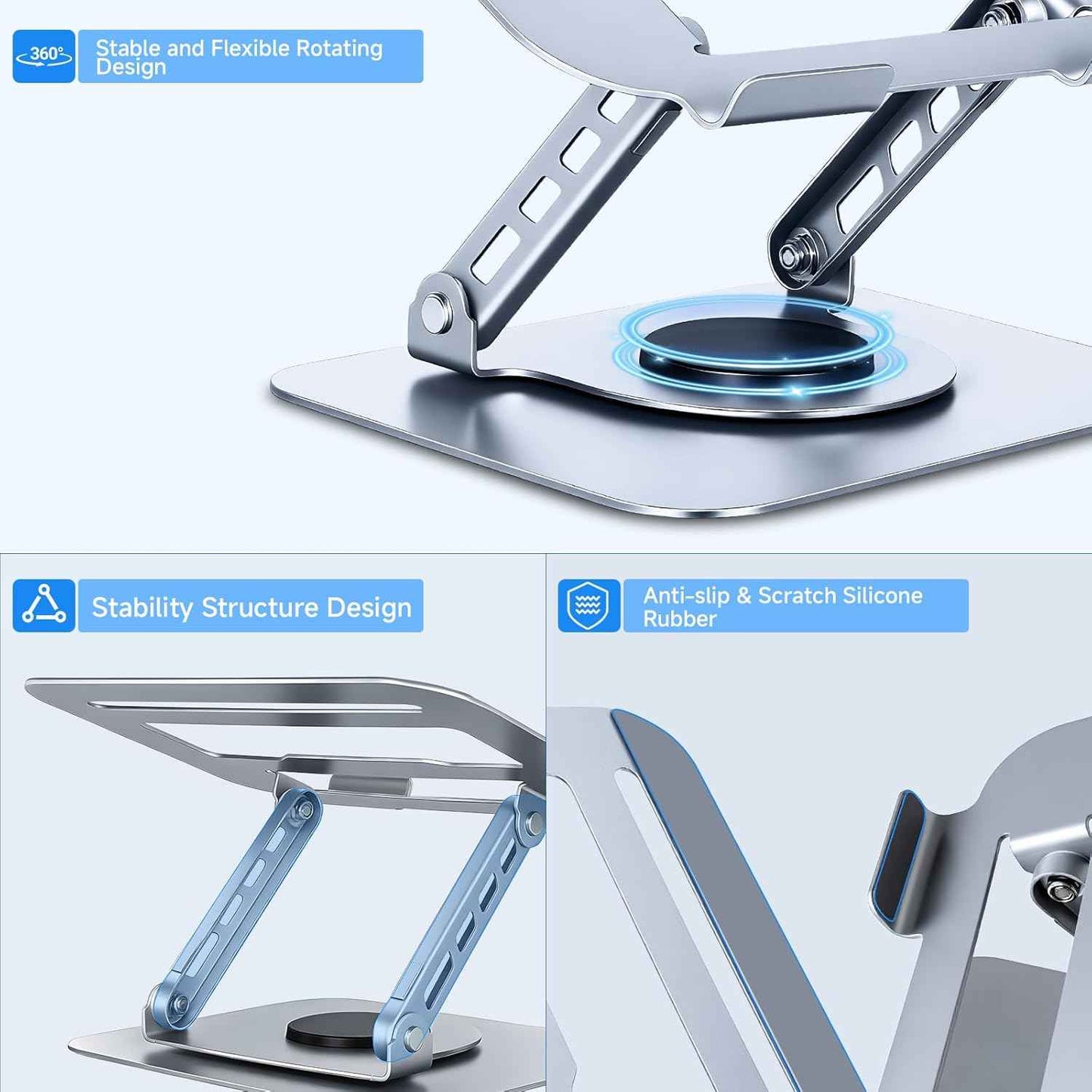 Leeboom Ergonomic Laptop Stand for Desk, 360° Rotating Aluminum Laptop Riser, Adjustable Notebook Holder for MacBook Air/Pro, Dell, HP, Lenovo (10–15.6", Silver) – Not for Gaming Laptops