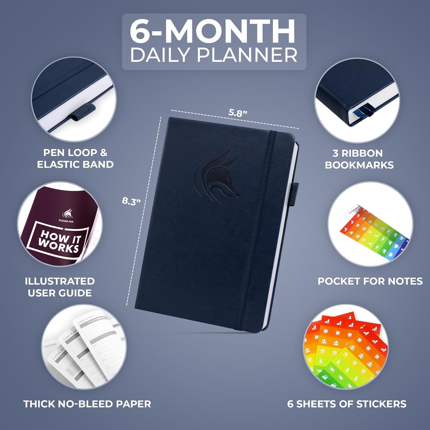 Clever Fox Daily Planner – Undated Planning Notebook with Hourly Schedule & To-Do List – Personal Day Task & Work Organizer, 6 Months (Dark Blue)