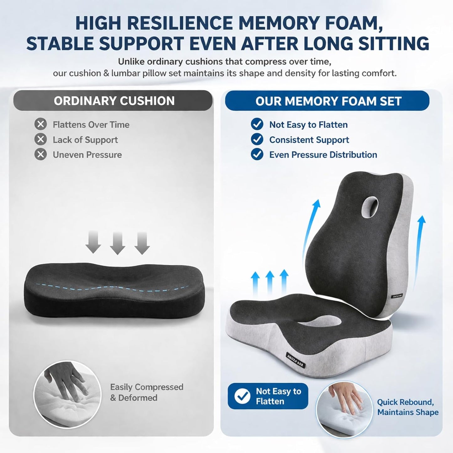 Seat Cushion and Lumbar Support Pillow Set, Back and Butt Support, Sciatica Relieving Coccyx Cushion, Hemorrhoid Cushion, Ergonomic Memory Foam Cushion&Pillow, Office Chair and Car Seat (Light Gray)