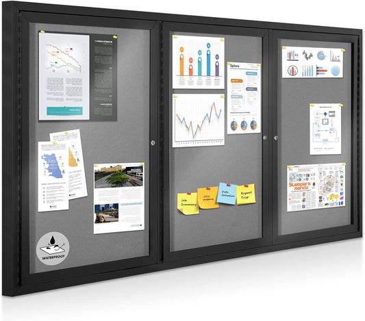 Enclosed Bulletin Board Outdoor Noticeboard with Locking Door, Weather-Resistant, Grey Felt, Black Aluminum Frame, 70 x 36 in