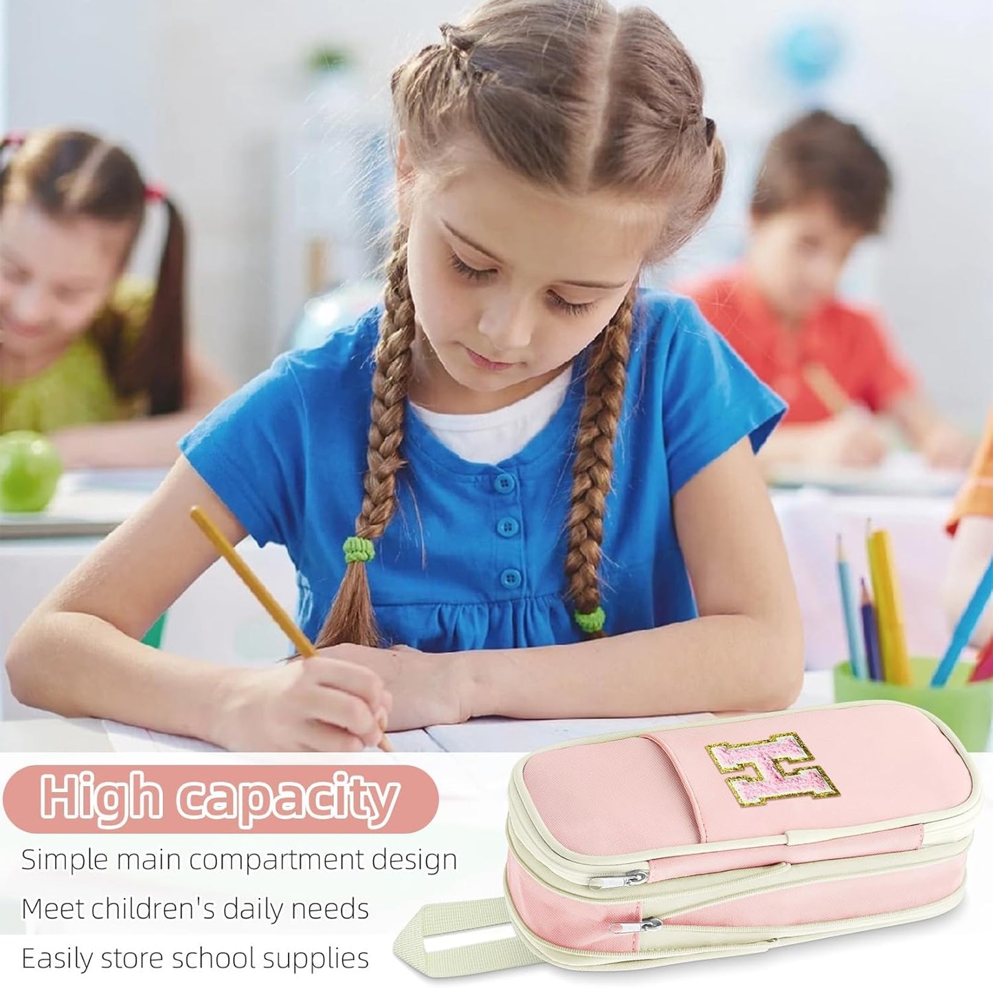 Preppy Pencil Case for Girls, Large Initial Pencil Pouch for School Supplies, Portable Pink Pen Bag with Zipper, Cute Aesthetic Pen Box, Compartments Stationary Organizer for Kids Teens Adults