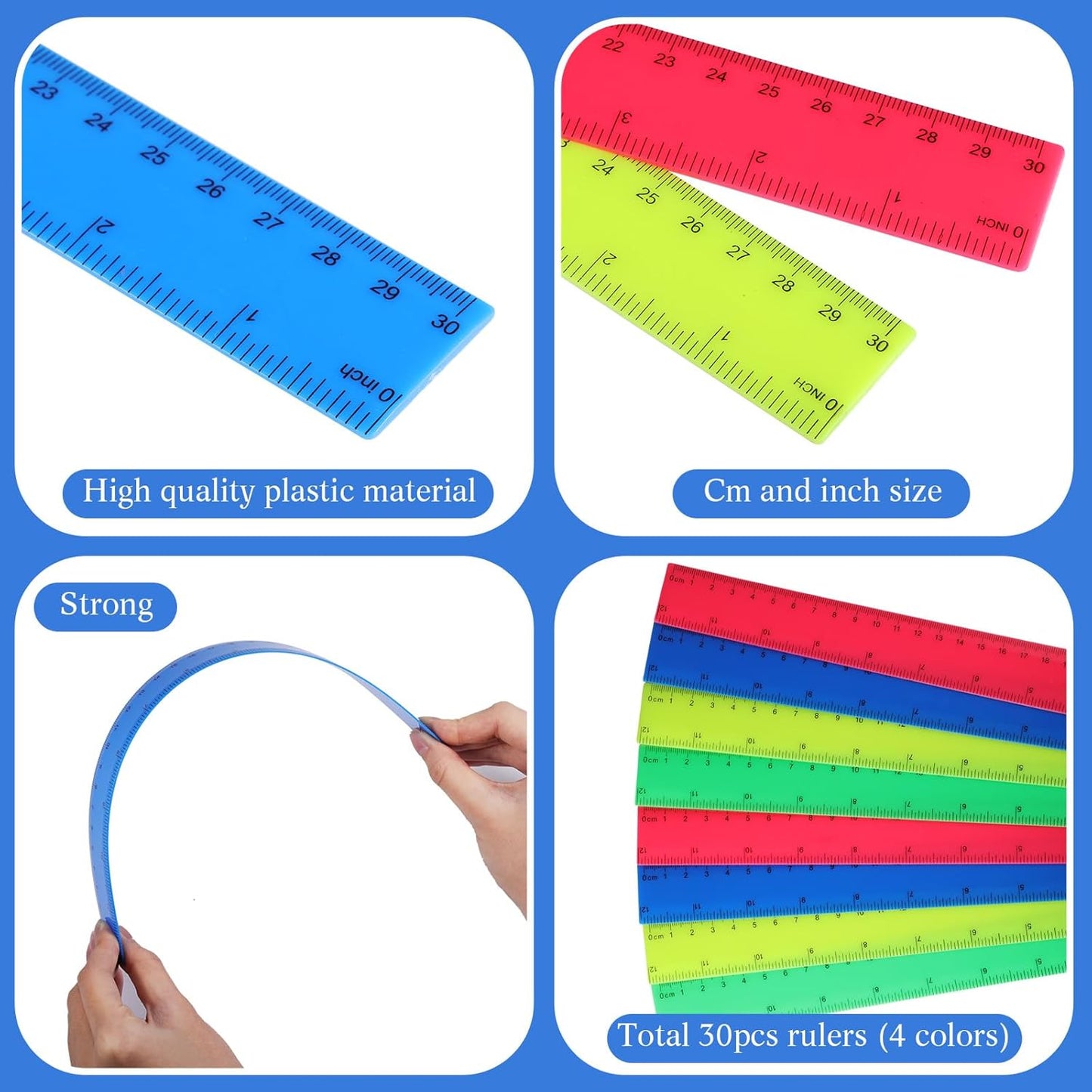 Zonon 30 Pcs 12 Inch Plastic Ruler Assorted Colors Ruler Bulk with Centimeters Millimeter and Inches Rulers First Day of School Gift for Kids School Classroom Office Supplies(Elegant Color,Plastic)