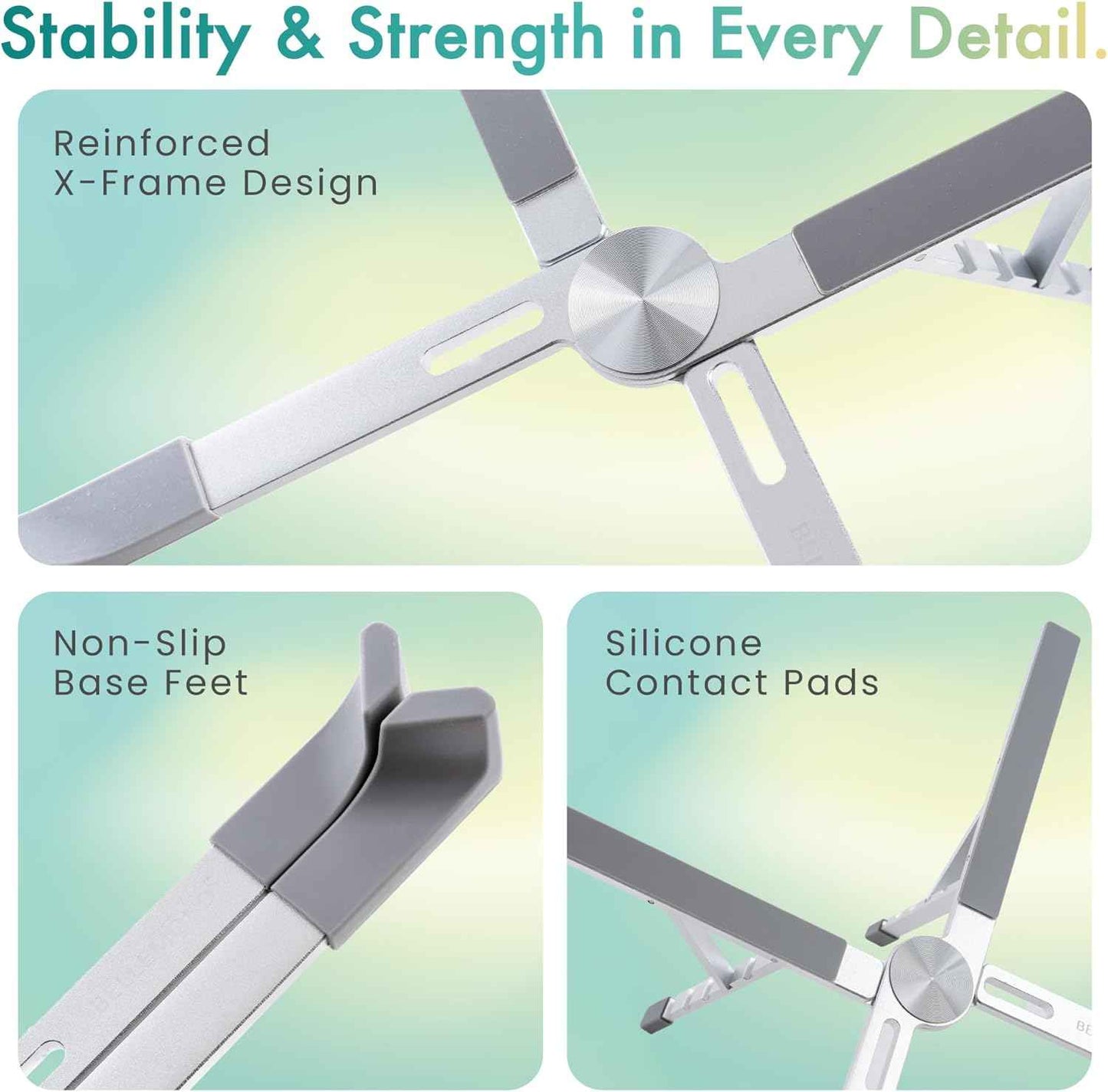 BELLEMOND Foldable Portable Laptop Stand | Ultralight Travel Riser | X-Frame Adjustable Aluminum | Fits MacBook, Dell, HP, Lenovo 10-17.3" | Carry Pouch | Space Silver