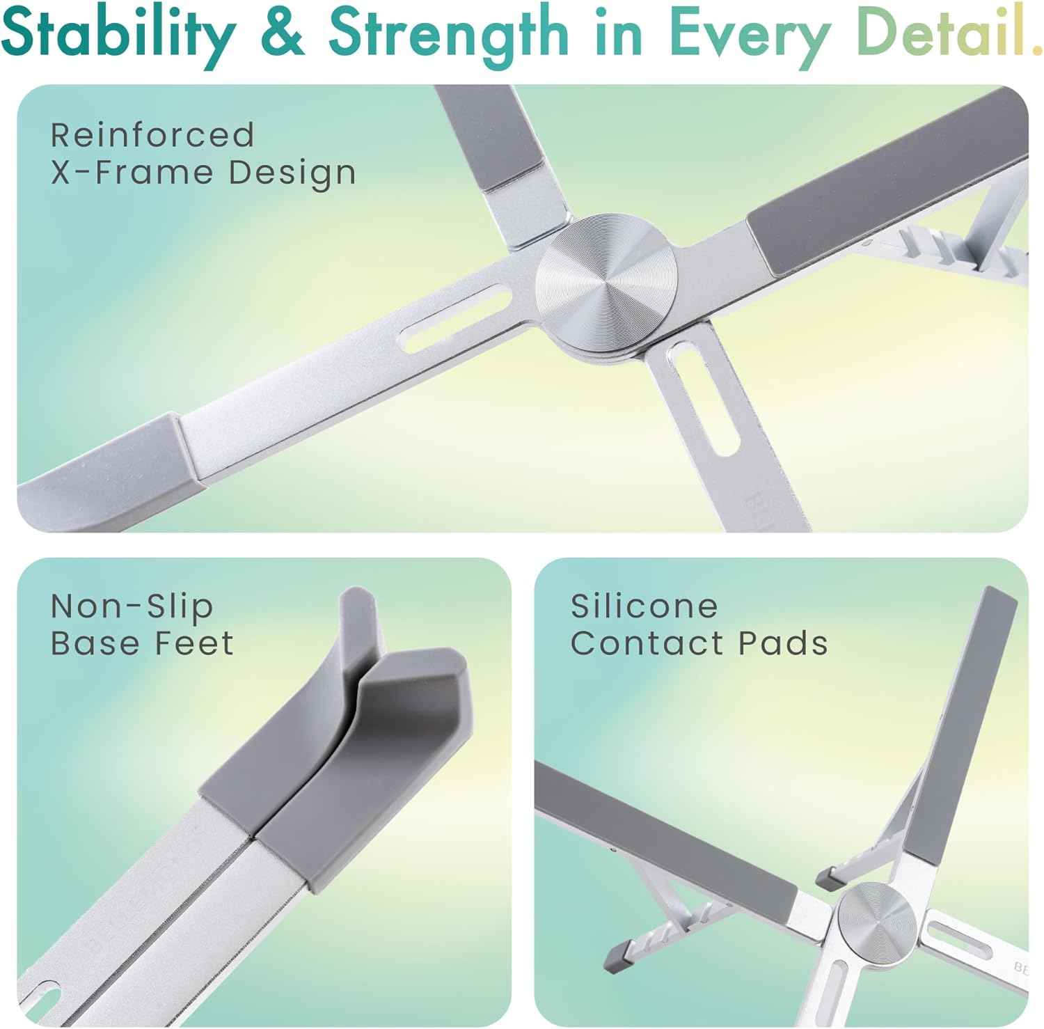 BELLEMOND Foldable Portable Laptop Stand | Ultralight Travel Riser | X-Frame Adjustable Aluminum | Fits MacBook, Dell, HP, Lenovo 10-17.3" | Carry Pouch | Space Silver