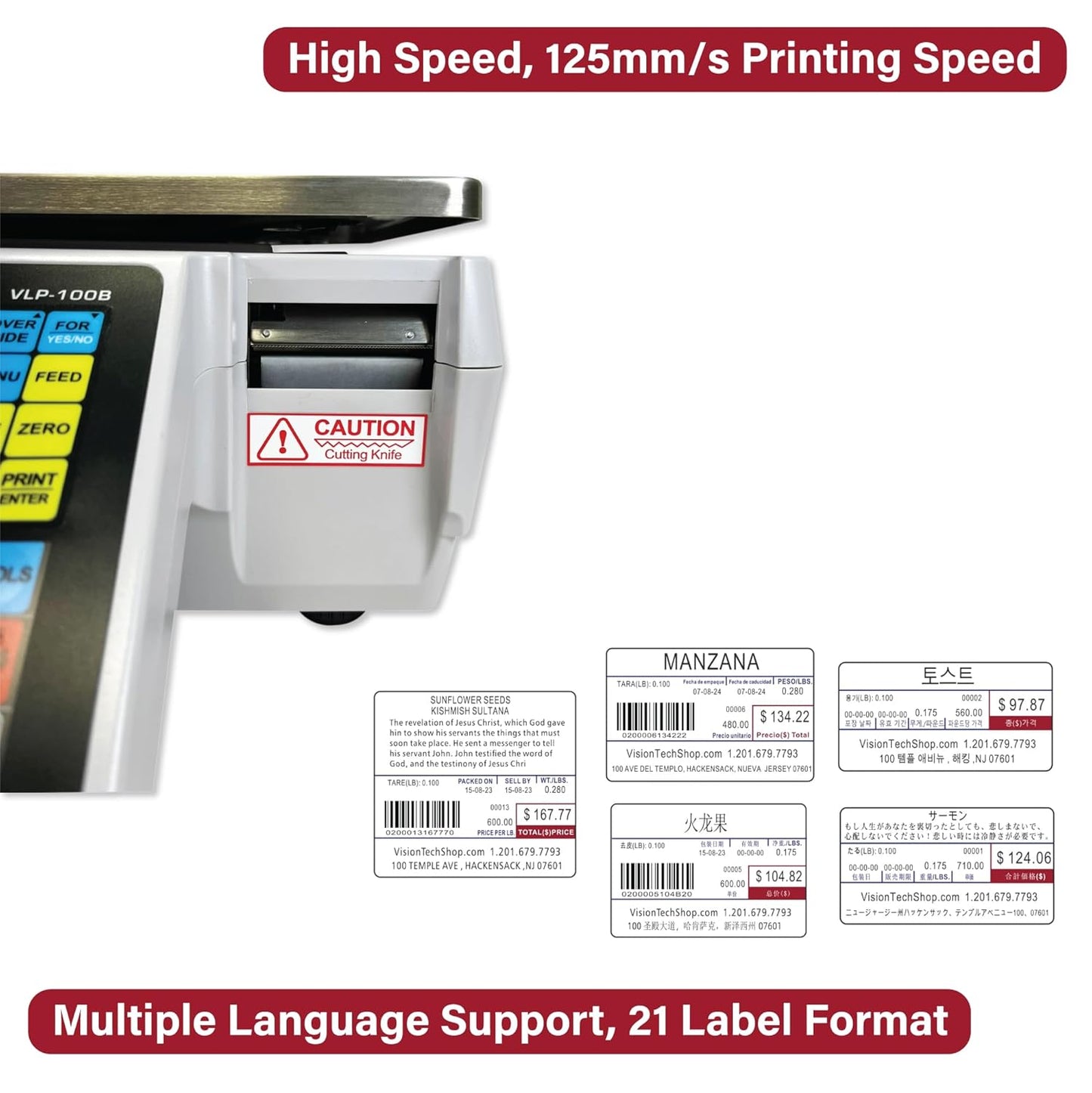 VisionTechShop VLP-100B Label Printing Scale, Capacity 30/60lb Readability 0.01/0.02lb, NTEP Legal for Trade, English, Spanish Available