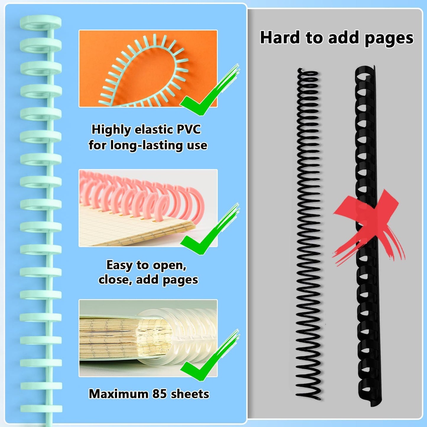 Binding Spines/Coils/Combs Easy to Open Close Adding Pages for Binding Machine Worklion,26pcs，Diameter 1/2"， 30 Ring， Maximum 85 Sheets， Multicolor Trimmable Binding Combs