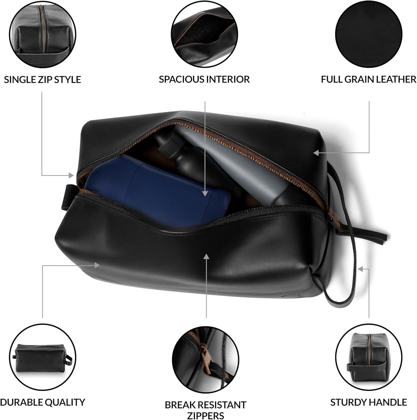 Premium Leather Toiletry Bag For Men - Travel Bag, Shaving Kit Bag & Toiletry Organizer - Full Grain Leather (Single Zip, Brown)