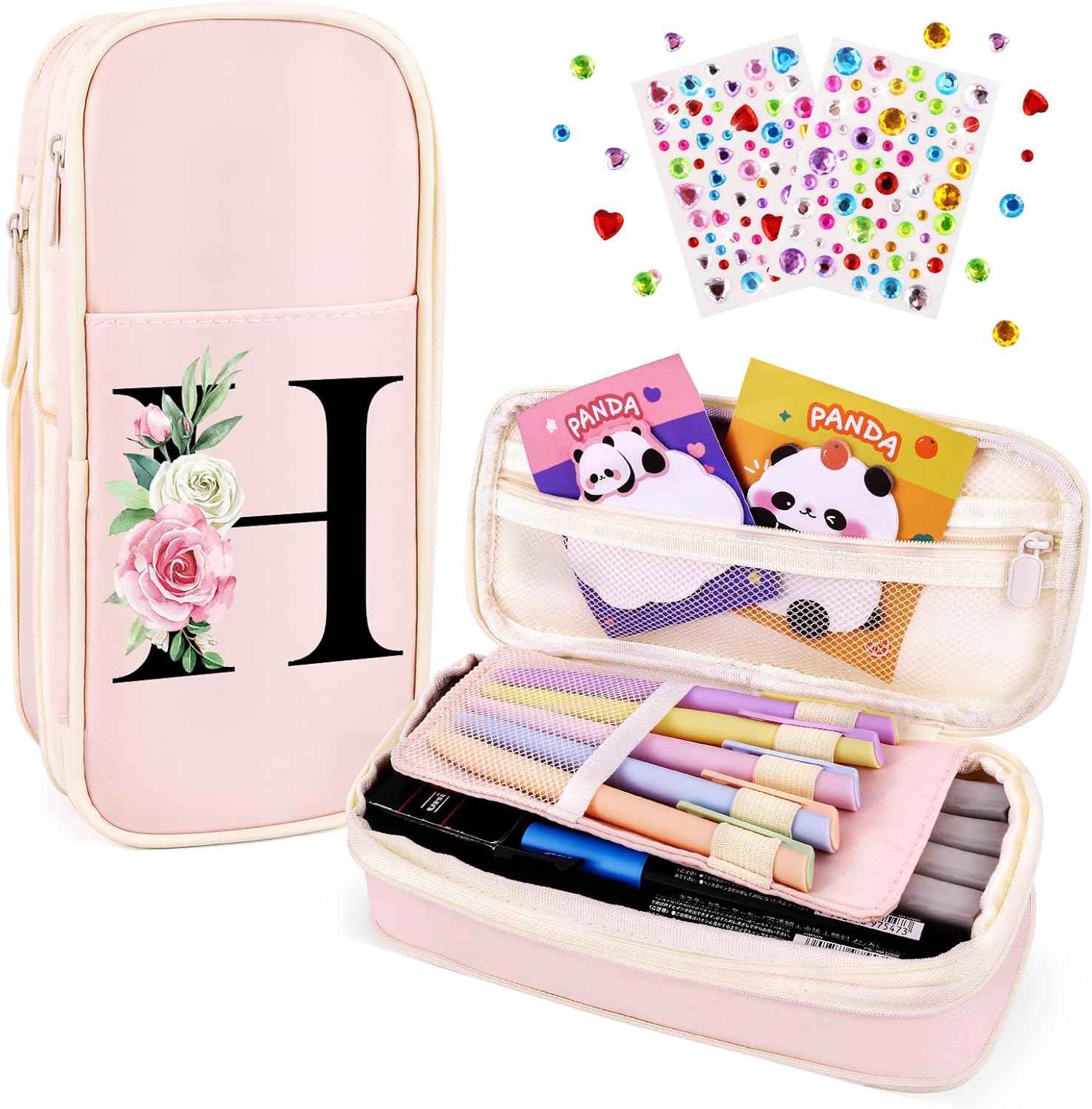 Preppy Pencil Case for Girls, Cute Large Pencil Pouch, Personalized Initial Pencil Bag with Zipper for School College Office Supplies, Back to School Supplies Gifts for Teen Girls (H, Pink)
