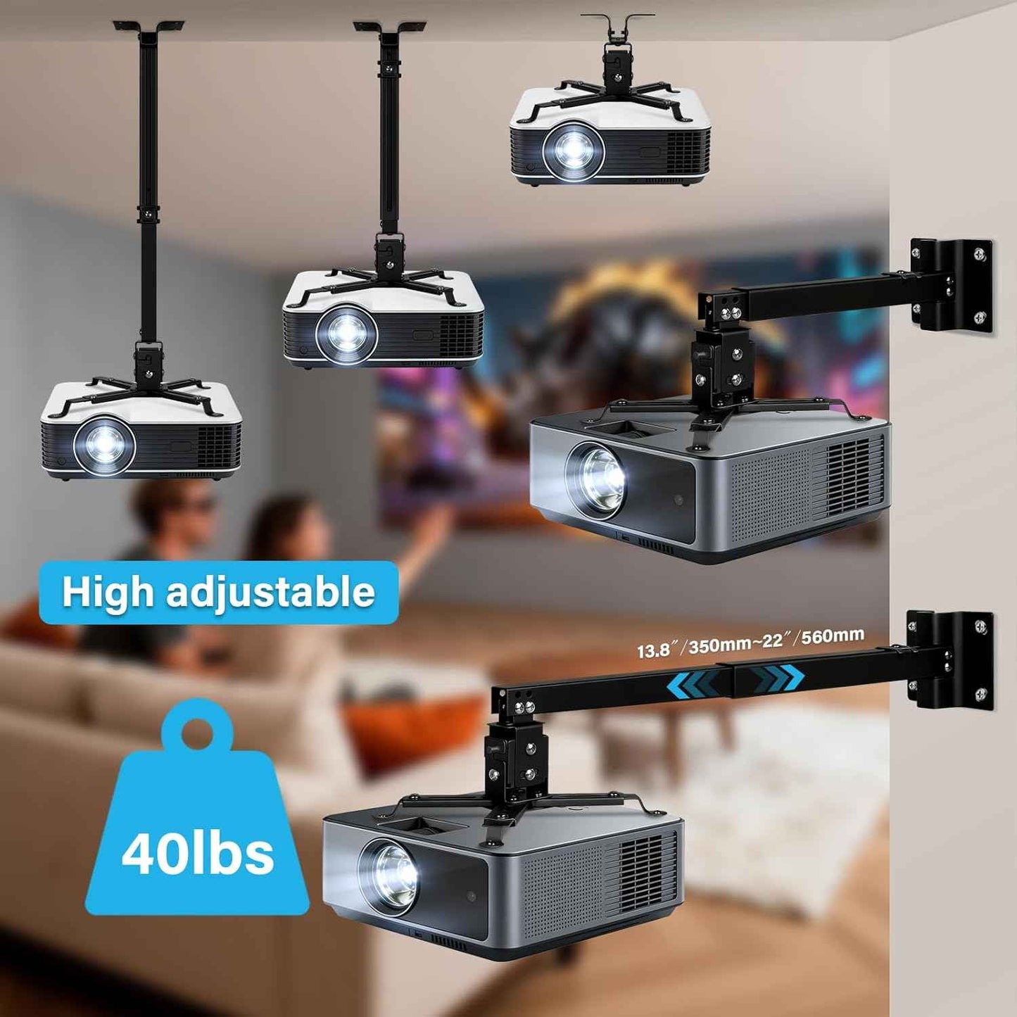 Projector Mount Ceiling/Wall - Universal 3-in-1 Bracket with Extension Pole& Cable Ties